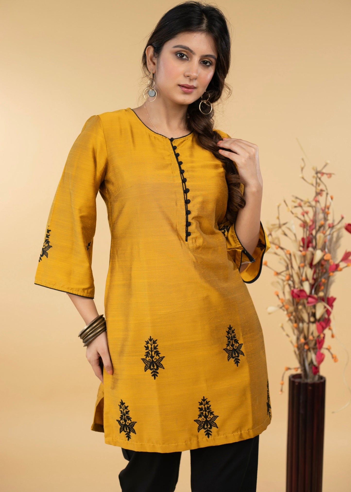 Pleasant Mustard Cotton Silk Embroidered Tunic