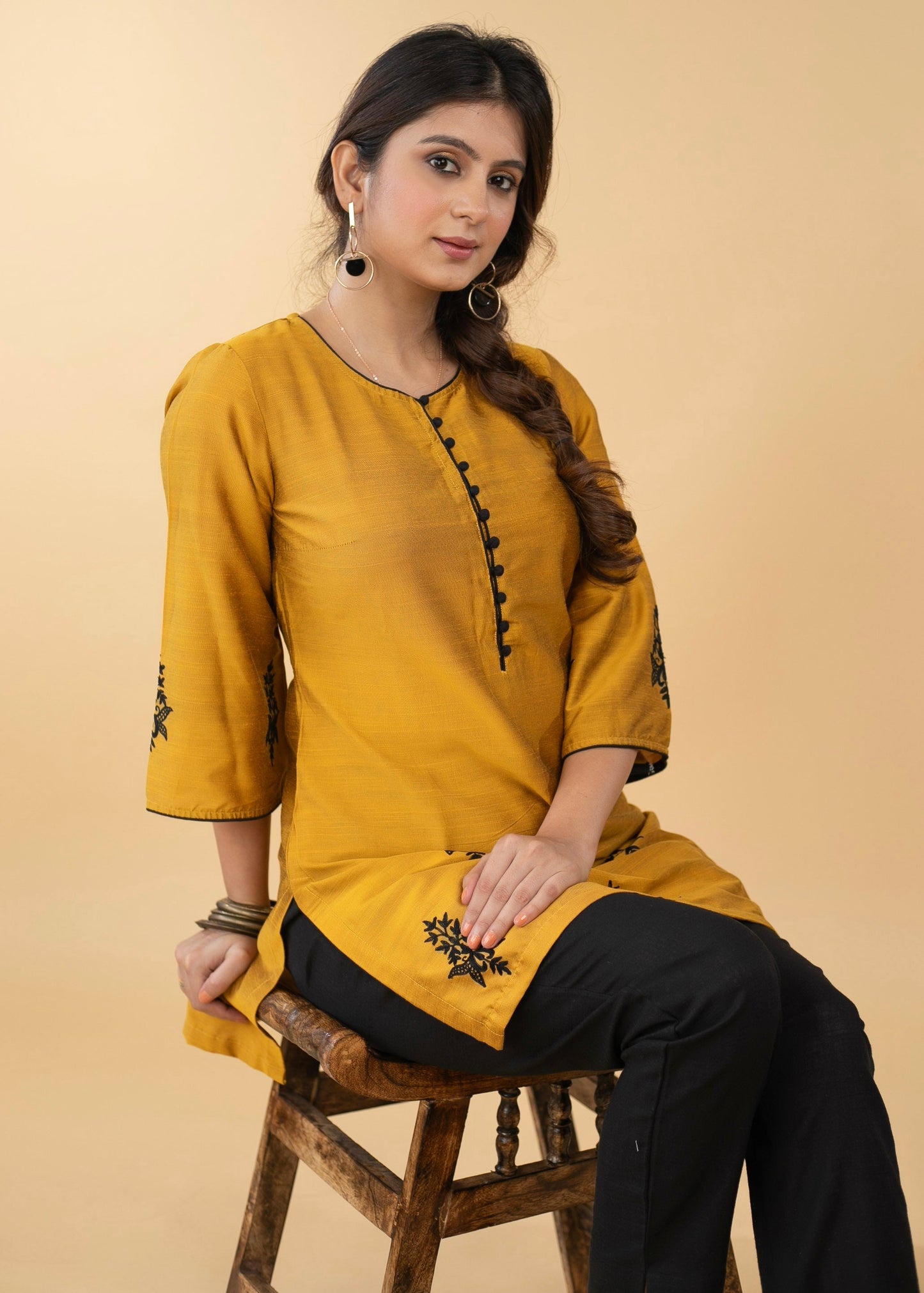 Pleasant Mustard Cotton Silk Embroidered Tunic