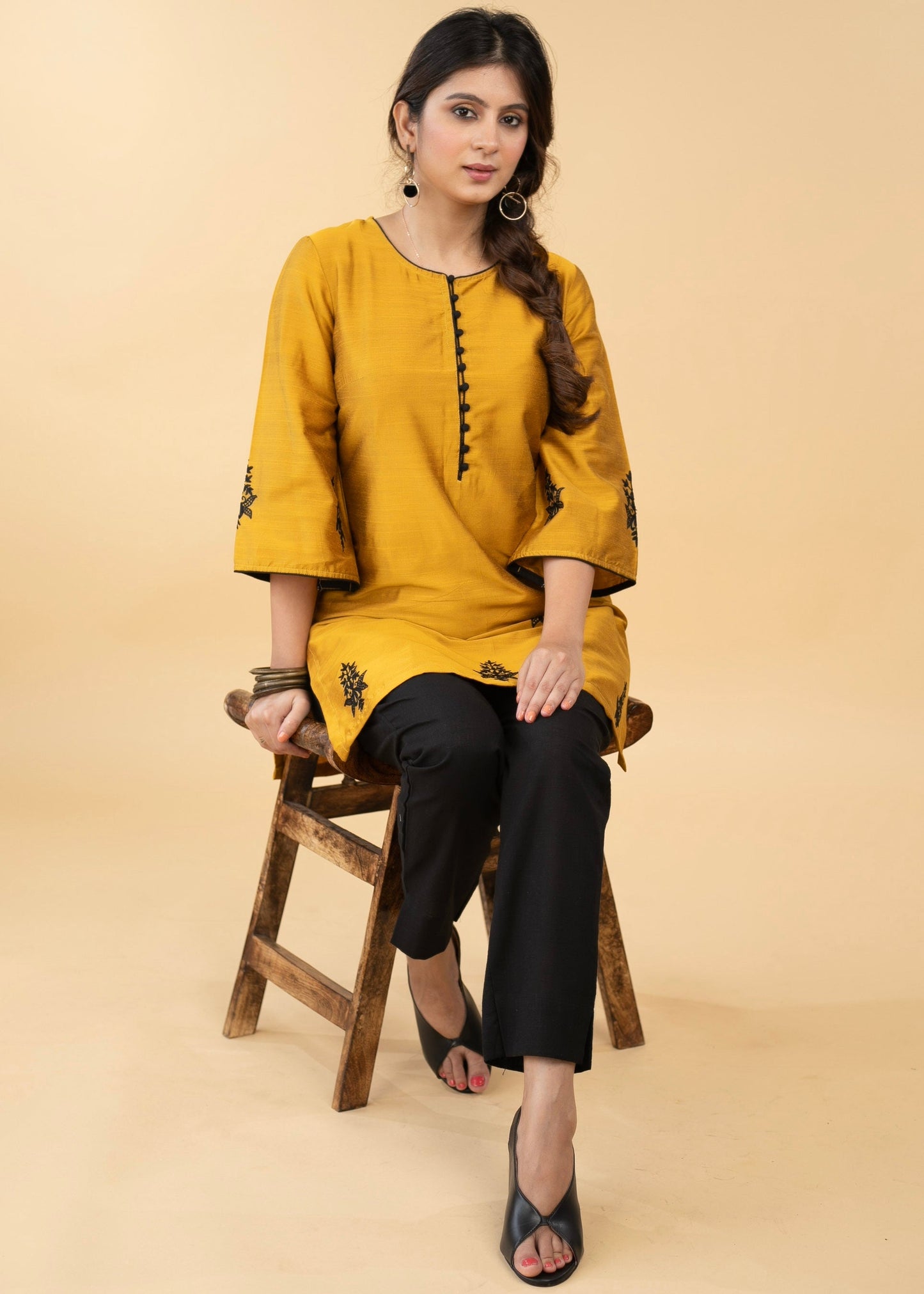 Pleasant Mustard Cotton Silk Embroidered Tunic