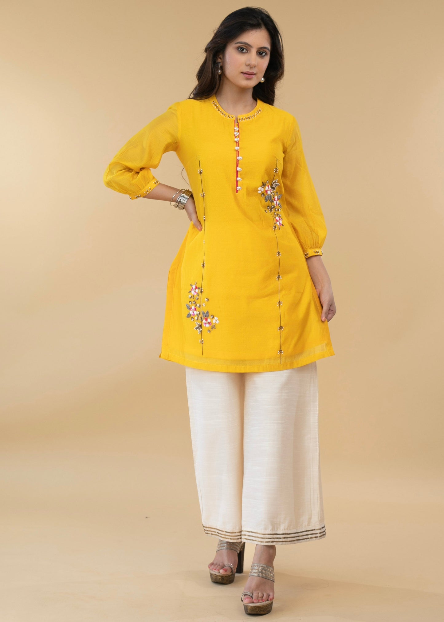 Elegant Hand Embroidered Yellow Chanderi Festive Tunic - Pant Optional