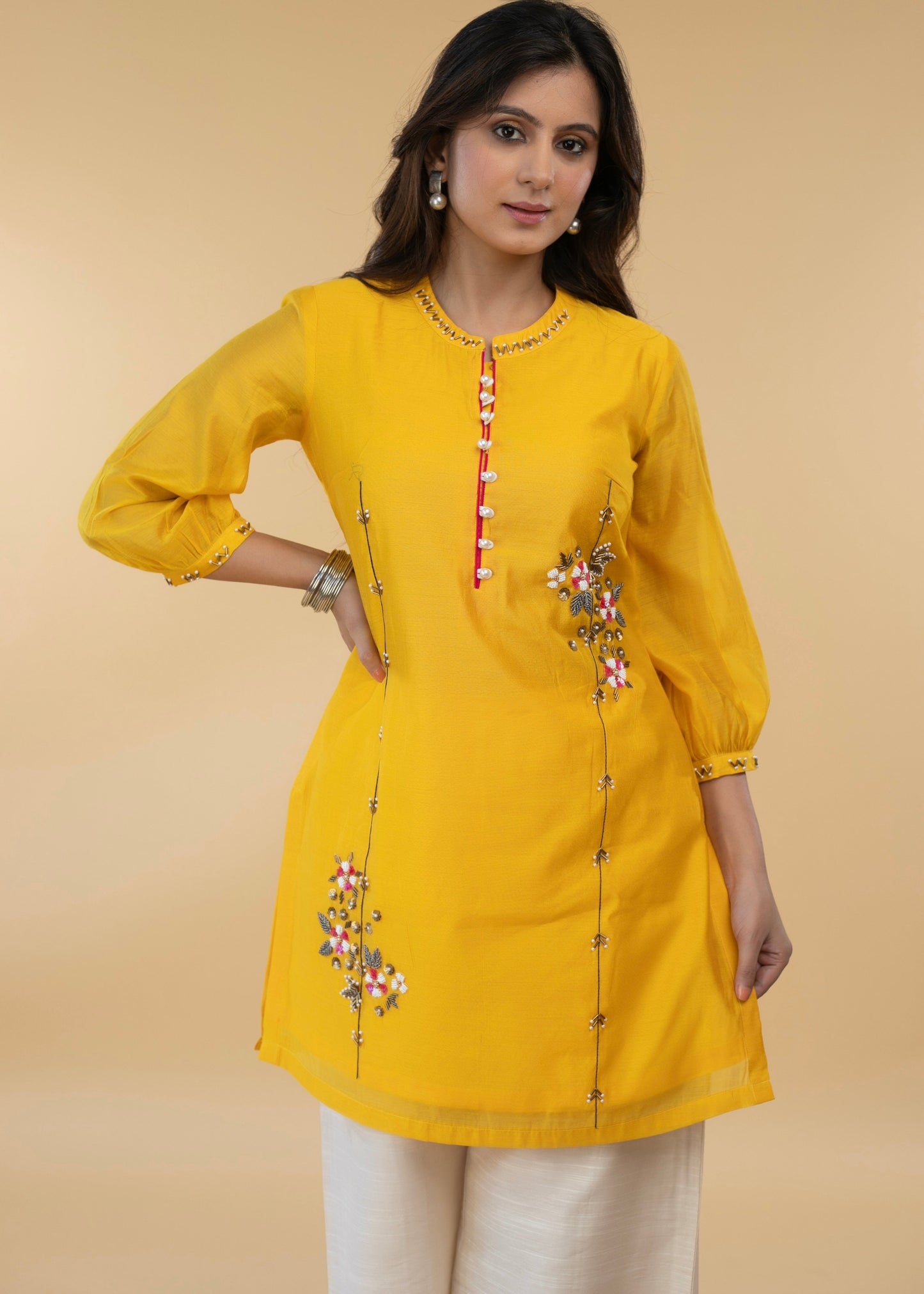 Elegant Hand Embroidered Yellow Chanderi Festive Tunic - Pant Optional