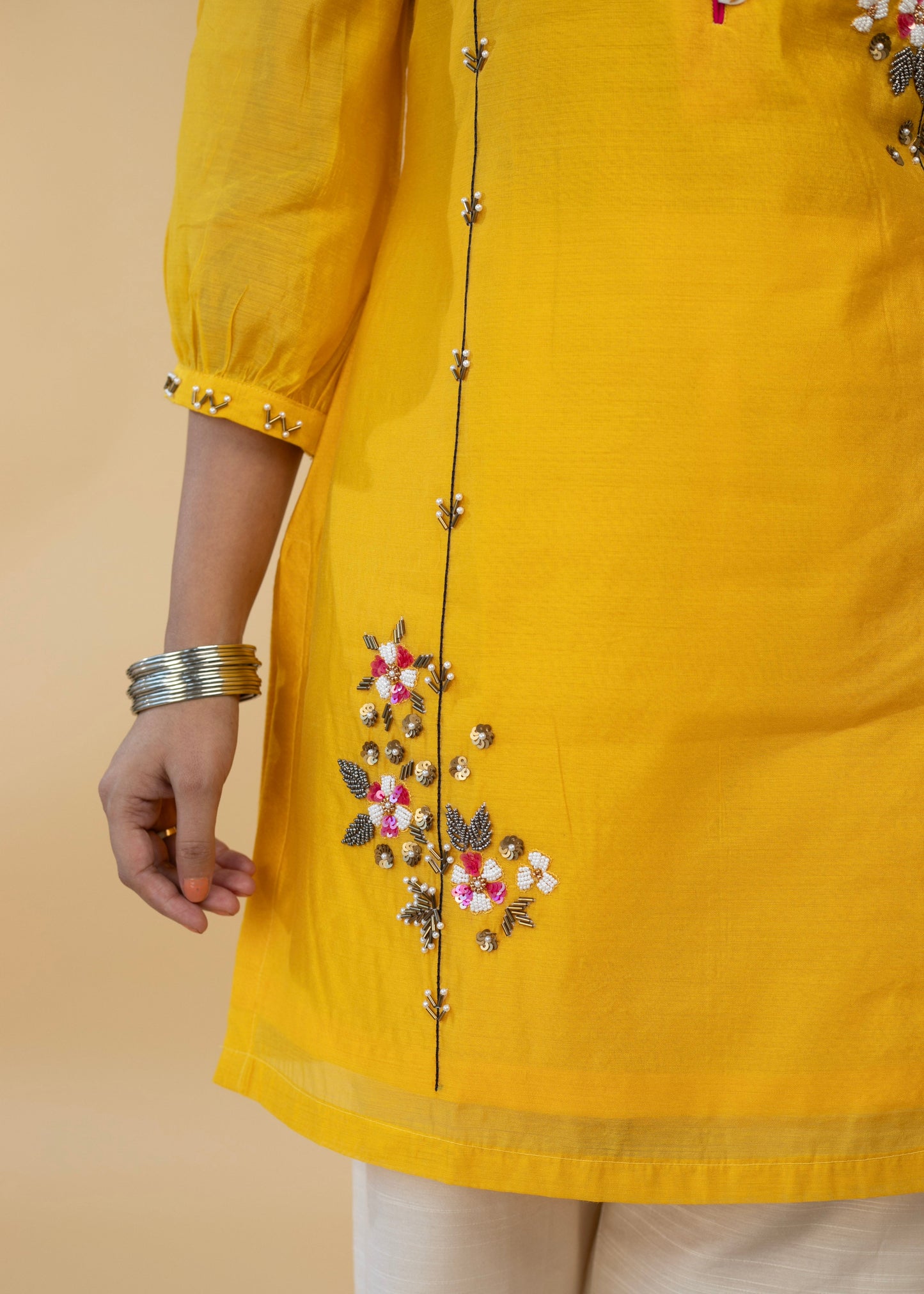 Elegant Hand Embroidered Yellow Chanderi Festive Tunic - Pant Optional