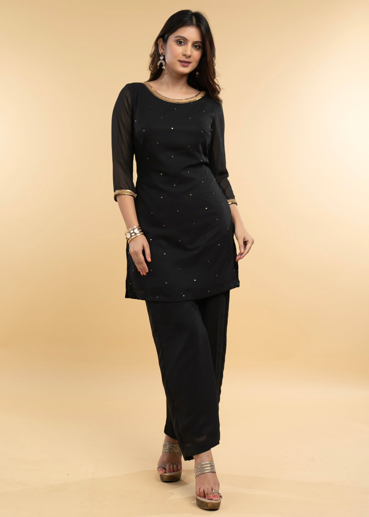 Exclusive Black Hand Embroidered Georgette Evening wearTunic - Georgette Pant Optional