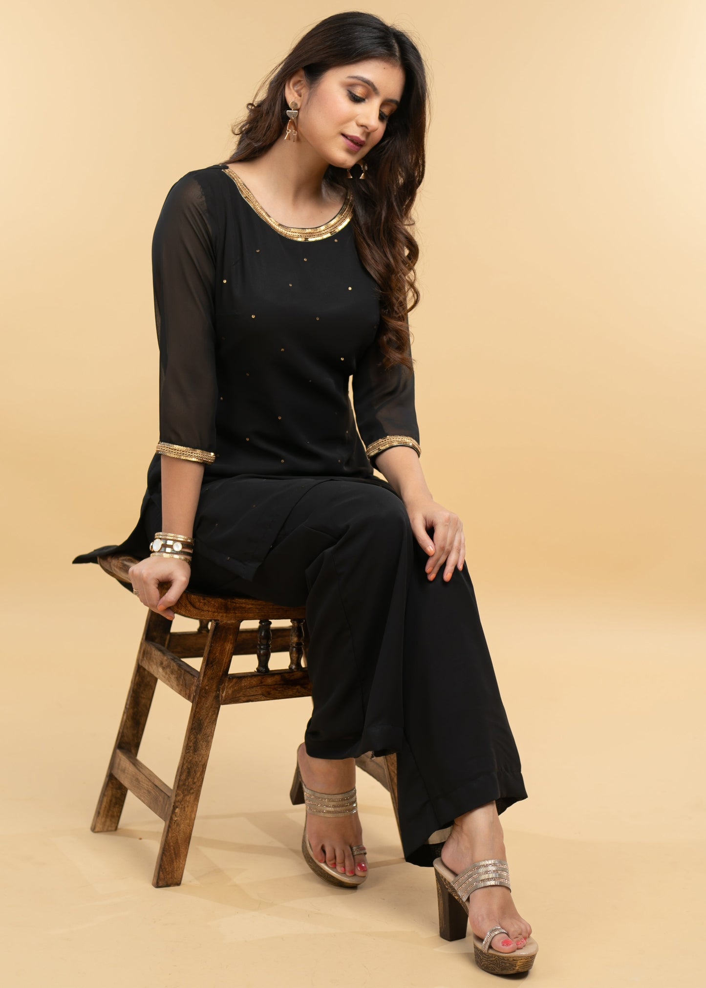 Exclusive Black Hand Embroidered Georgette Evening wearTunic - Georgette Pant Optional