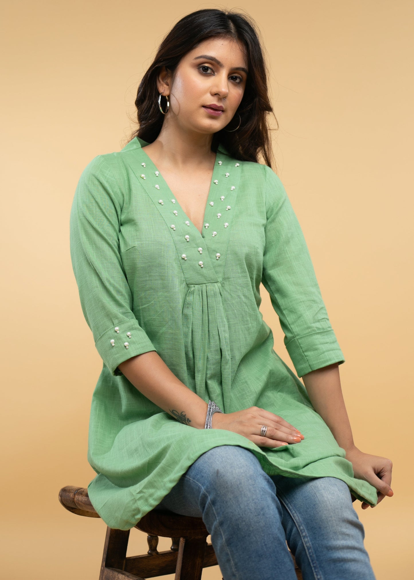 Pista Cotton Pearl Embellished Tunic - Pant Optional