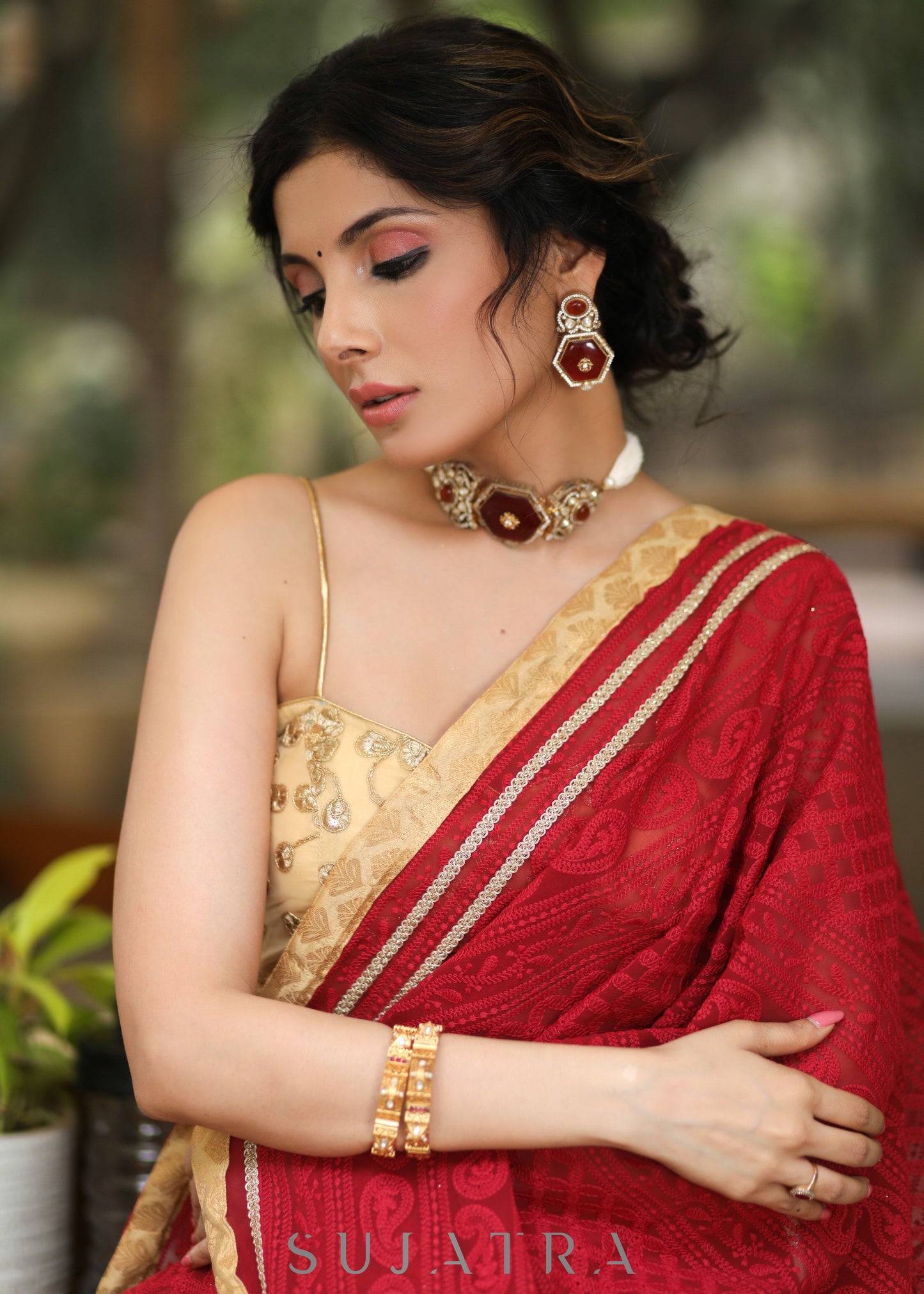 Beautiful Maroon Embroidered Georgette Saree with Golden & Lace Detailing