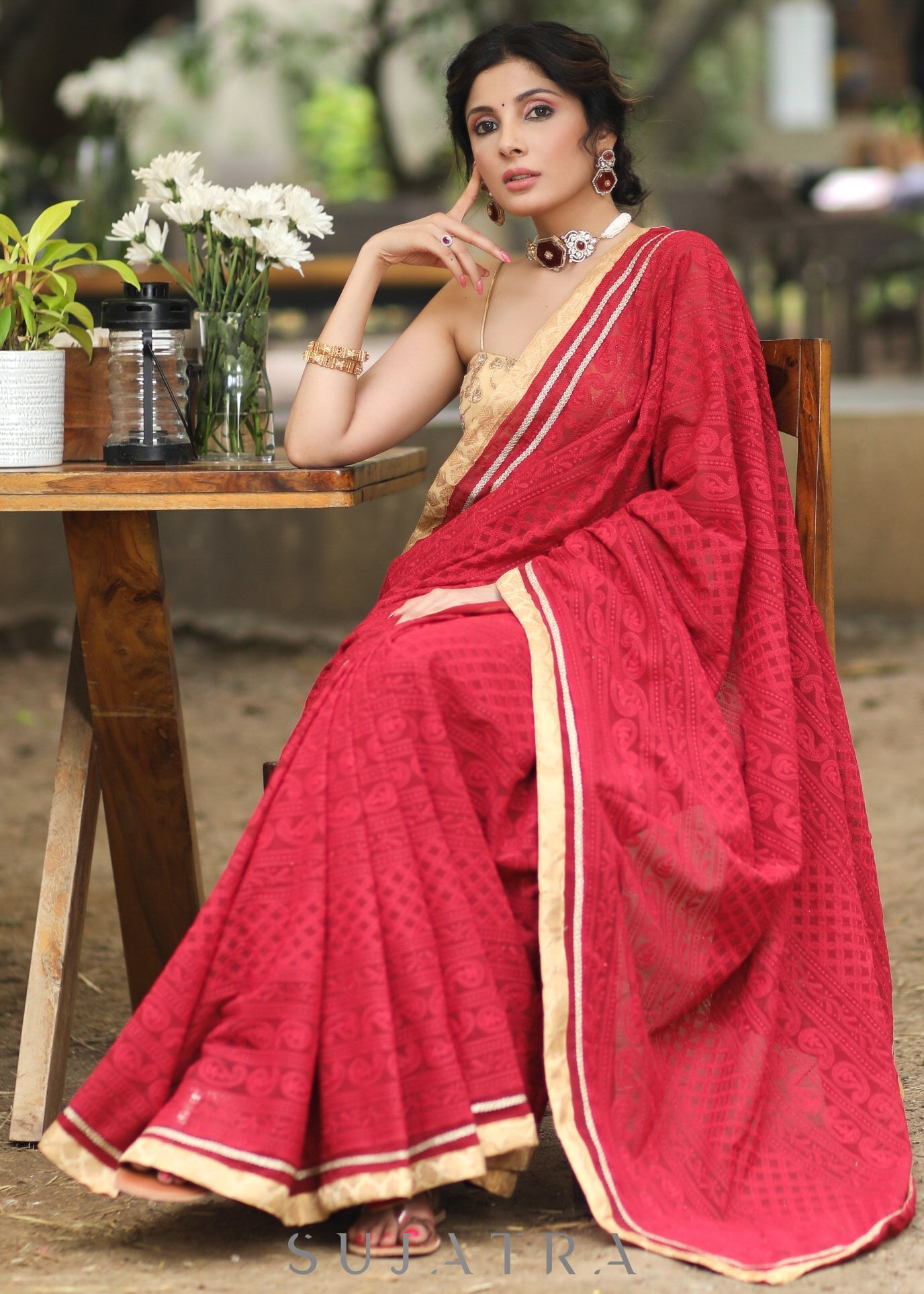 Beautiful Maroon Embroidered Georgette Saree with Golden & Lace Detailing
