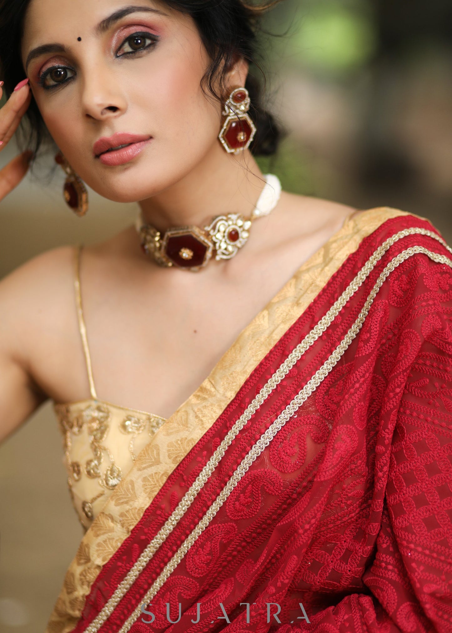 Beautiful Maroon Embroidered Georgette Saree with Golden & Lace Detailing