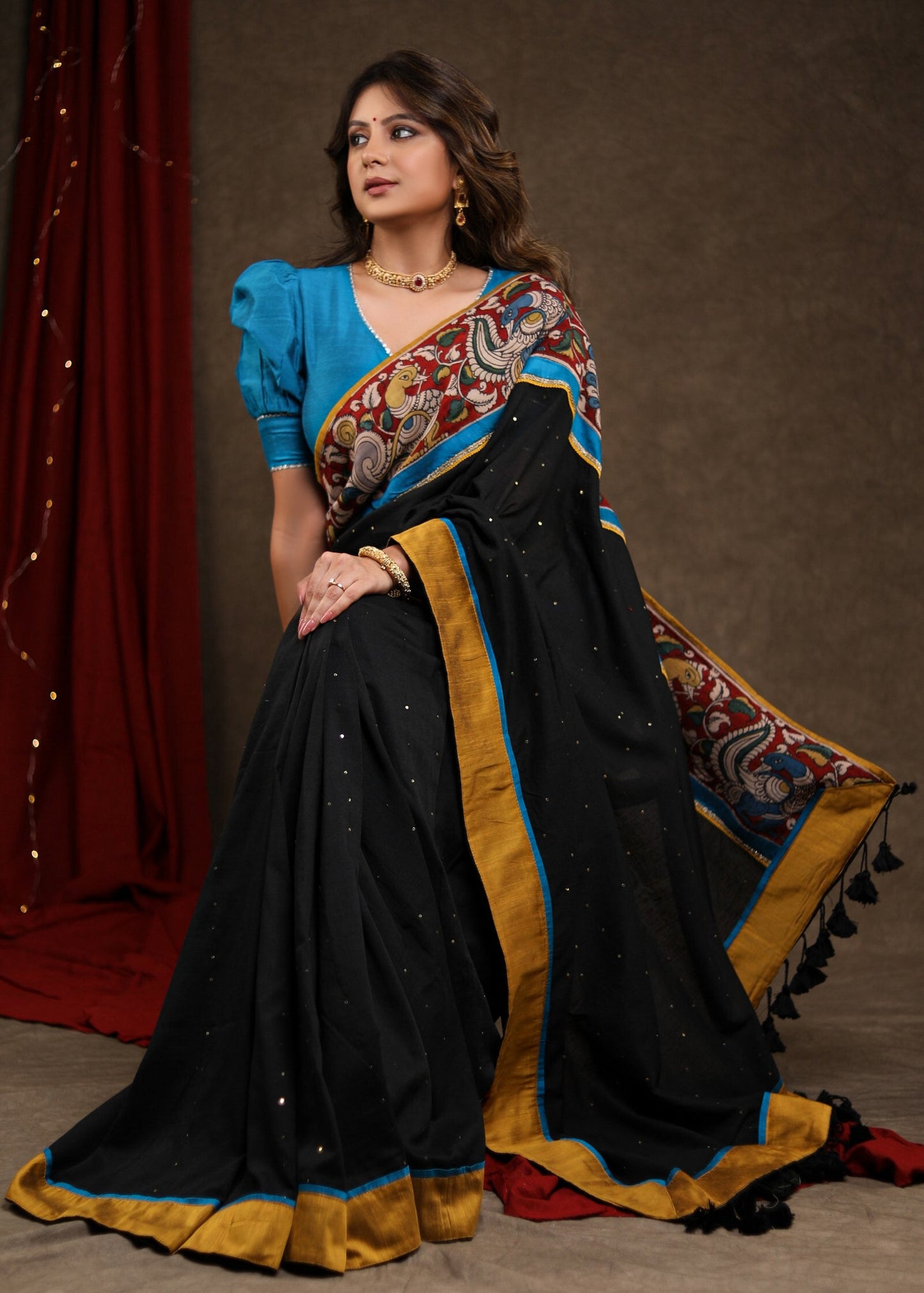 Stunning Black Sequence Cotton Saree with Handpainted Kalamkari Border