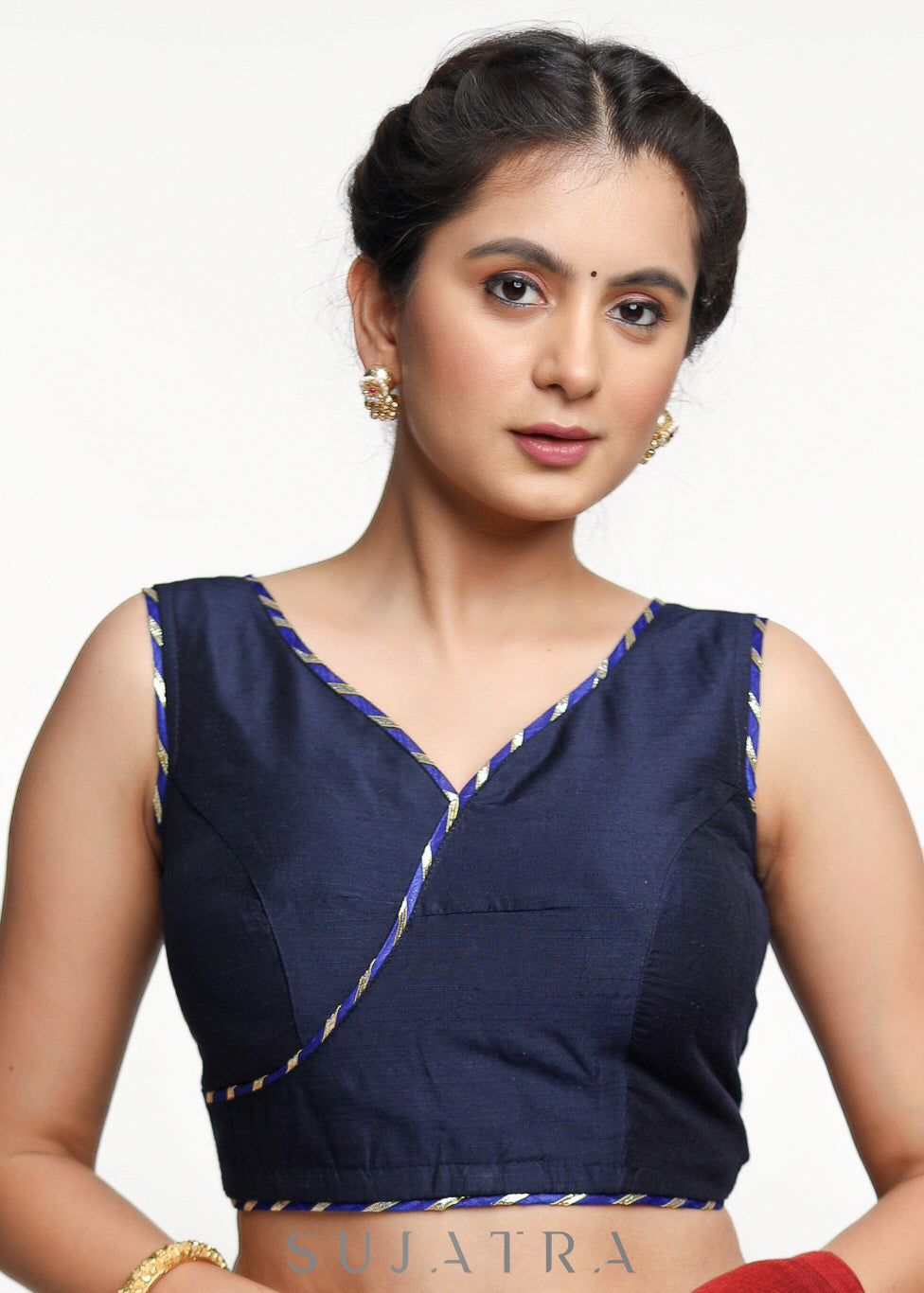 Stylish Navy Blue Gotta-Patti Cotton Silk Blouse