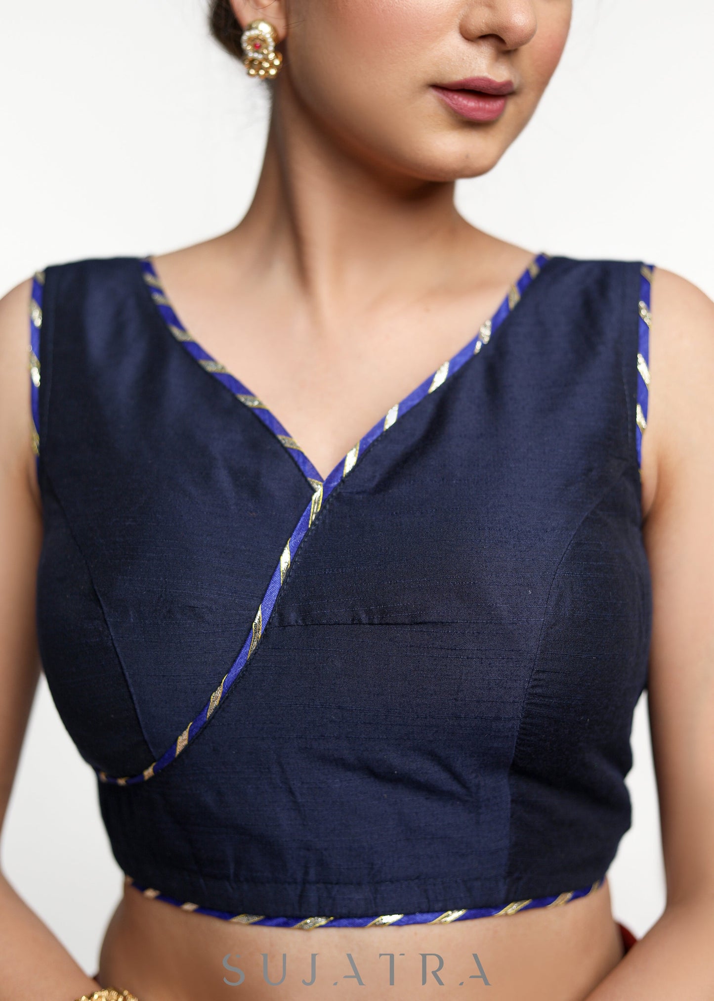 Stylish Navy Blue Gotta-Patti Cotton Silk Blouse