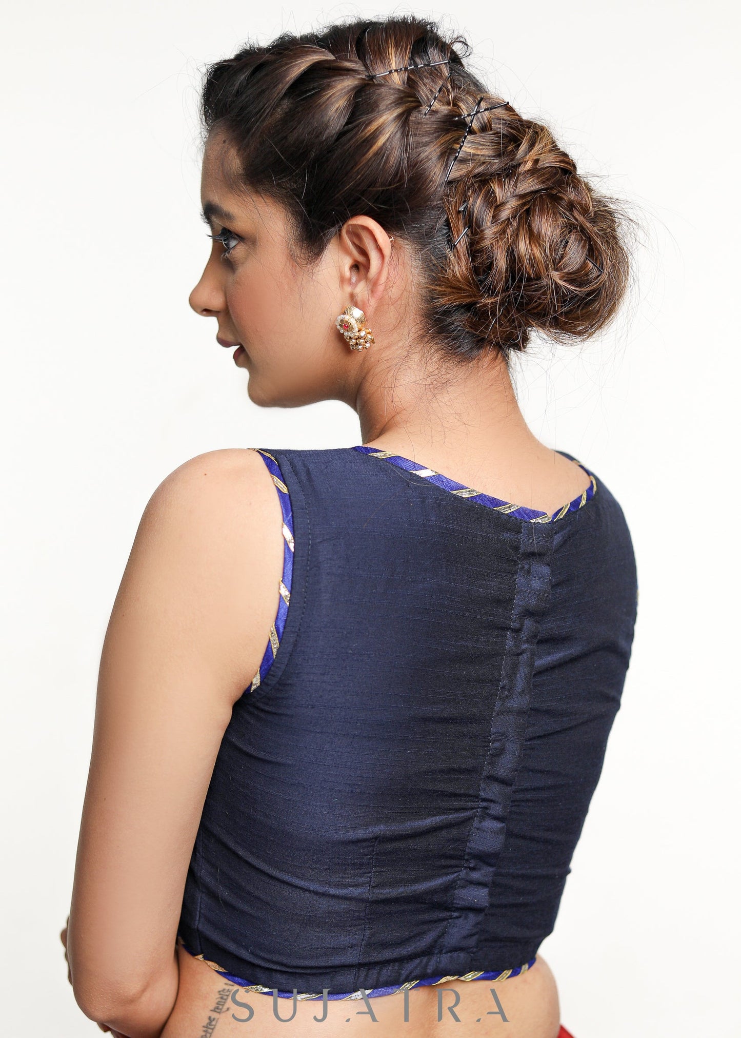 Stylish Navy Blue Gotta-Patti Cotton Silk Blouse