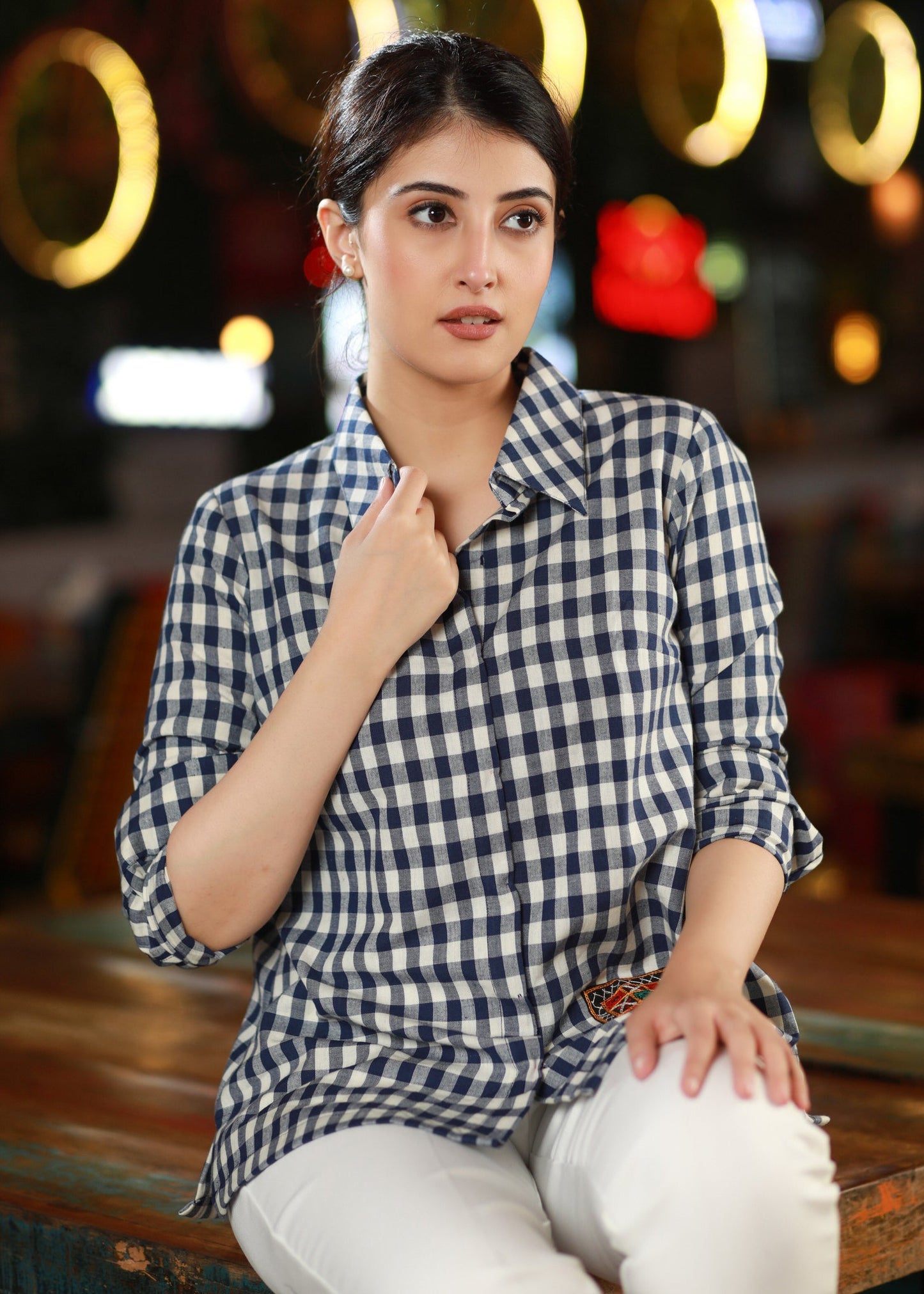 Smart Blue Cotton Checkered Shirt Highlighted with Beautiful Kutch Mirrorwork Patch
