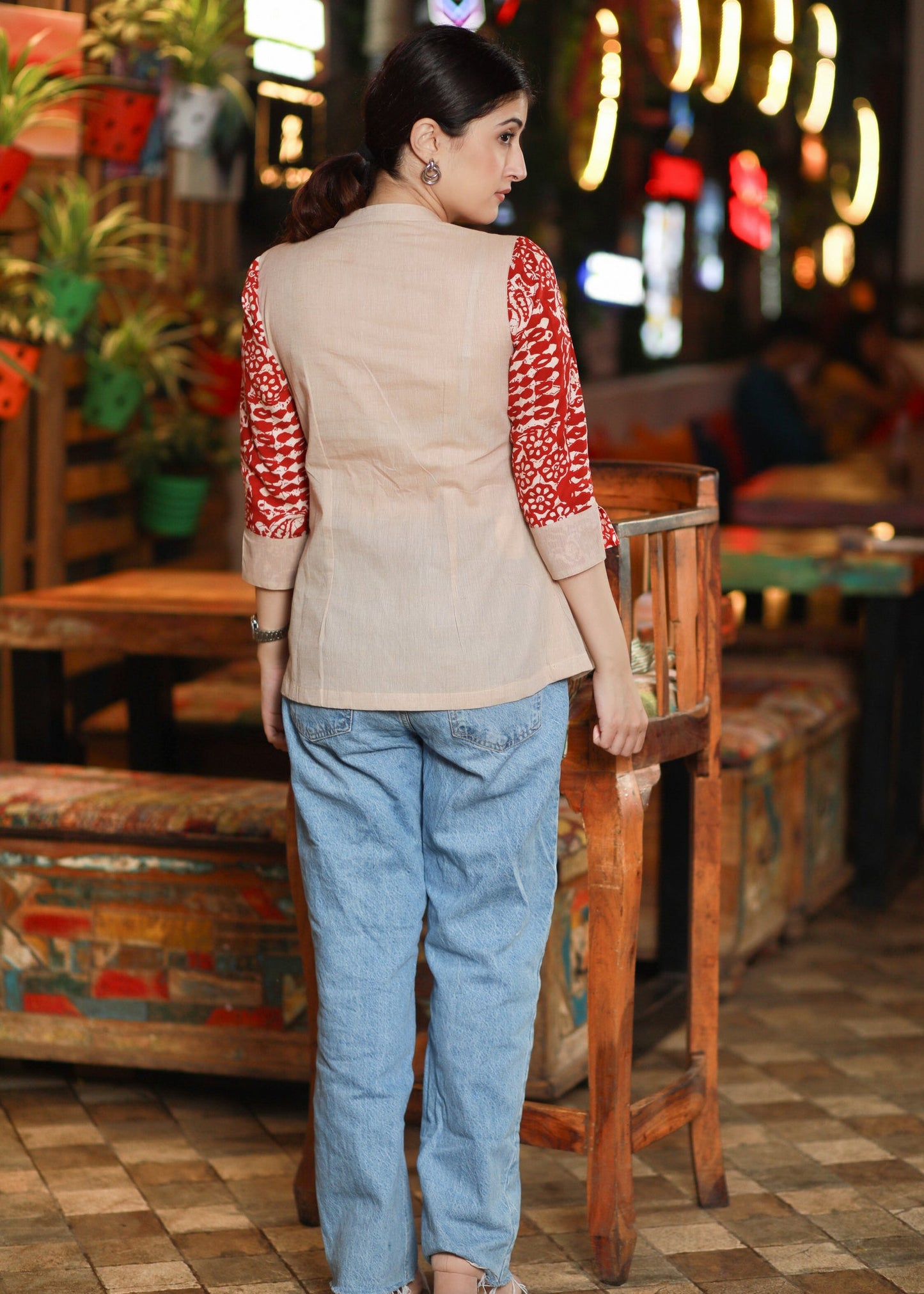 Casual Red Cotton Printed Shirt with Mandarin Collar Highlighted with Peplum Cut