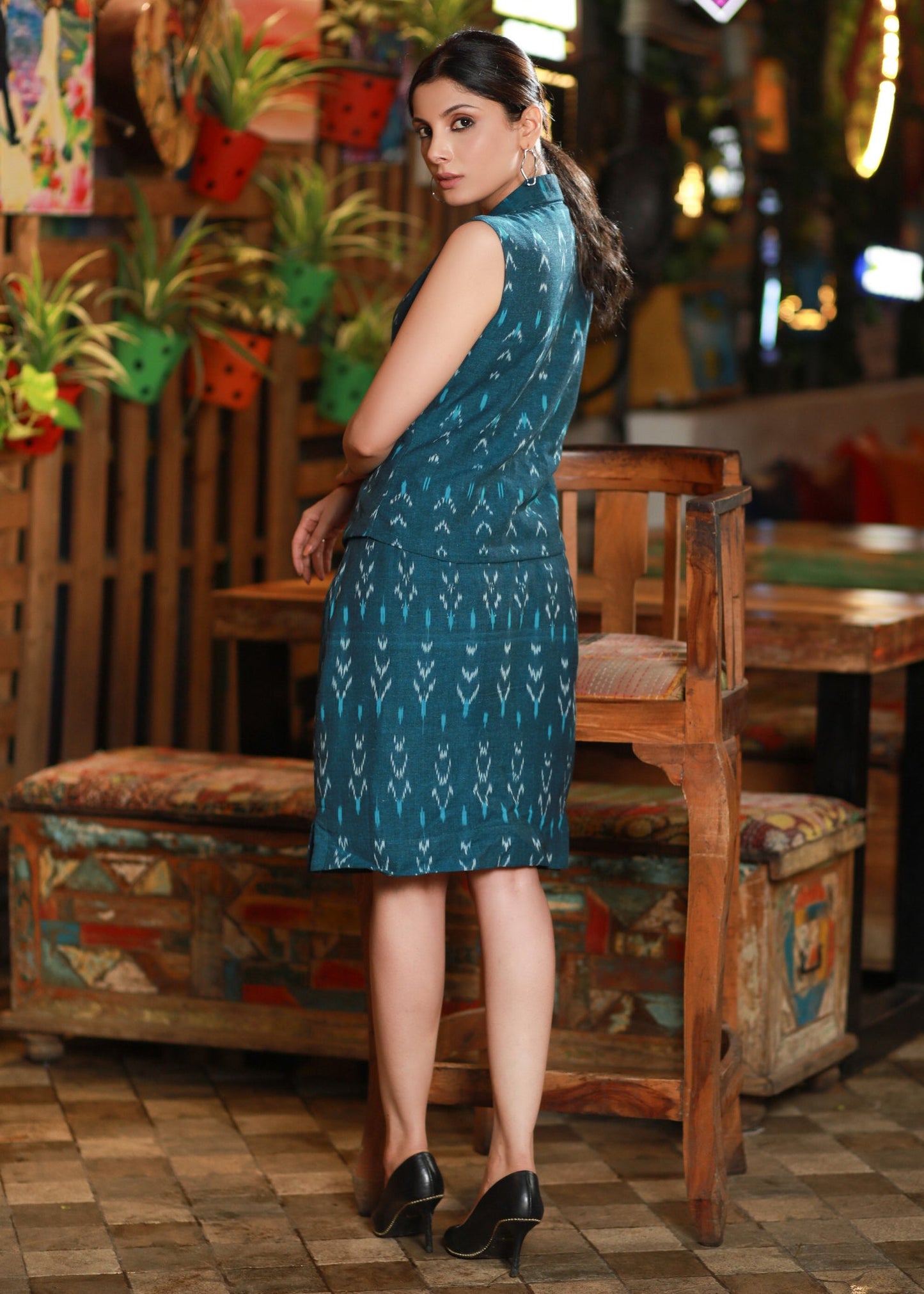 Classic Teal Ikat Office Wear Skirt with Optional Waist Coat