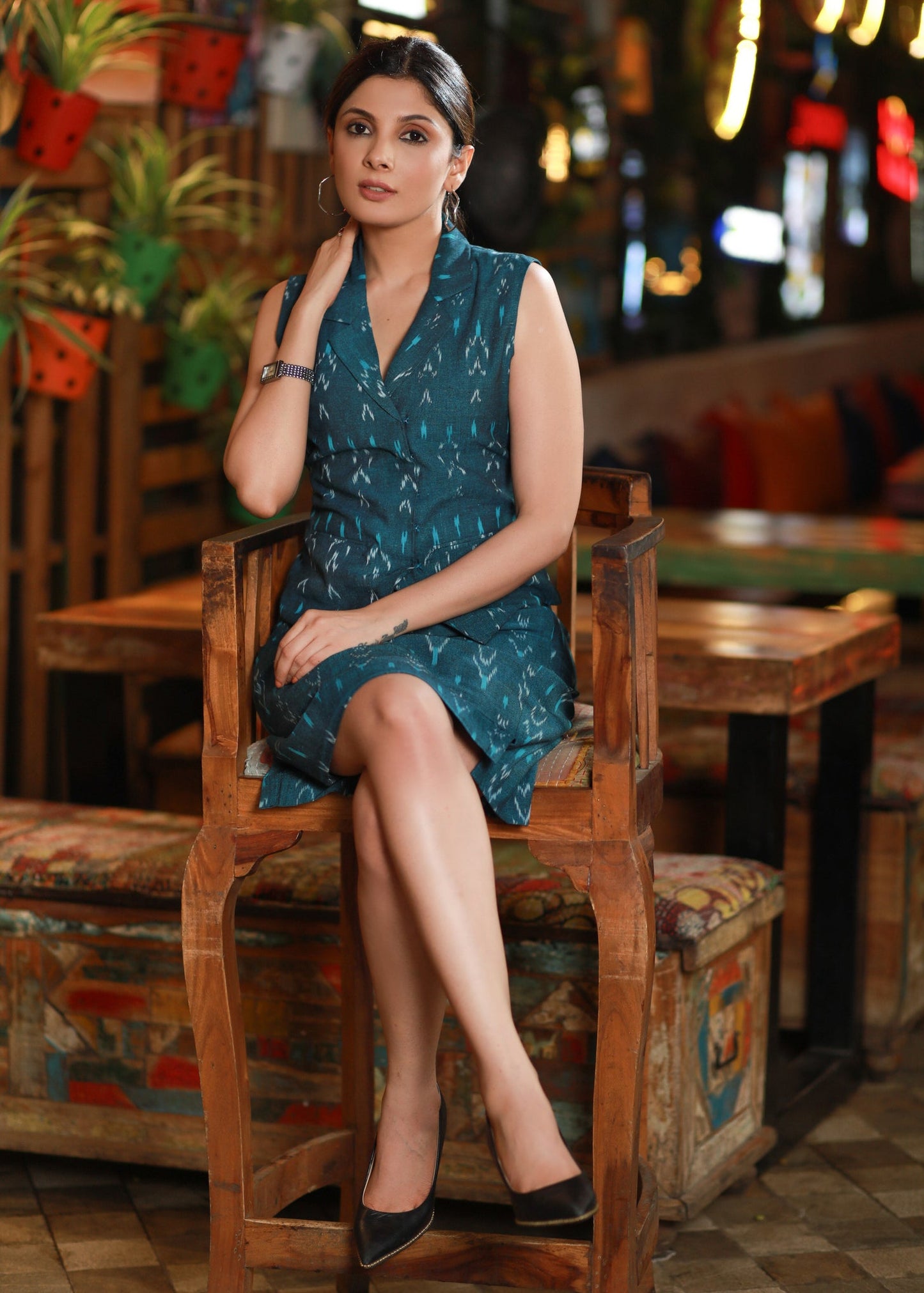 Classic Teal Ikat Office Wear Skirt with Optional Waist Coat