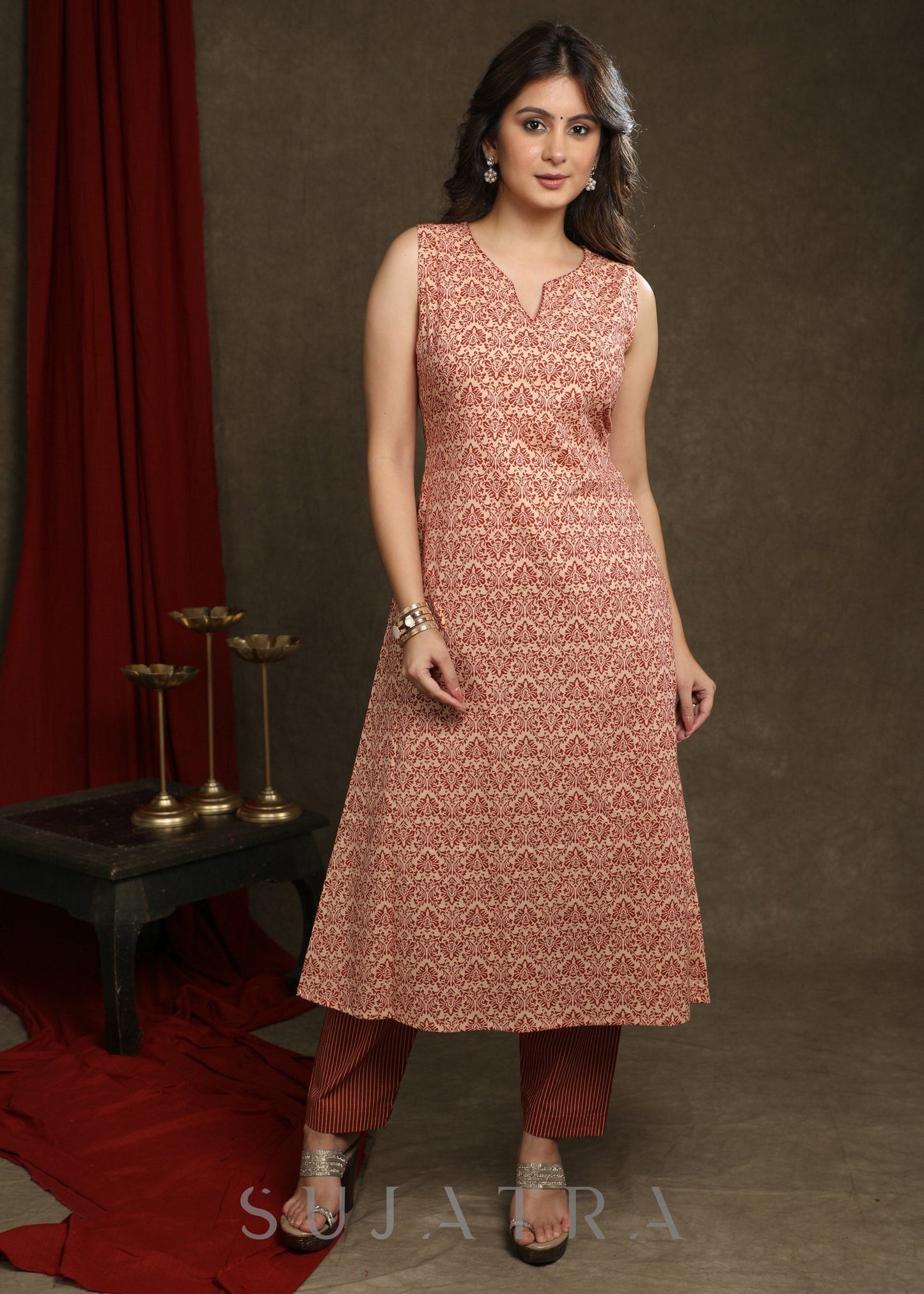 Trendy Floral Shrug With Co Ord Pant - Brown Printed Sleeveless Kurta Optional