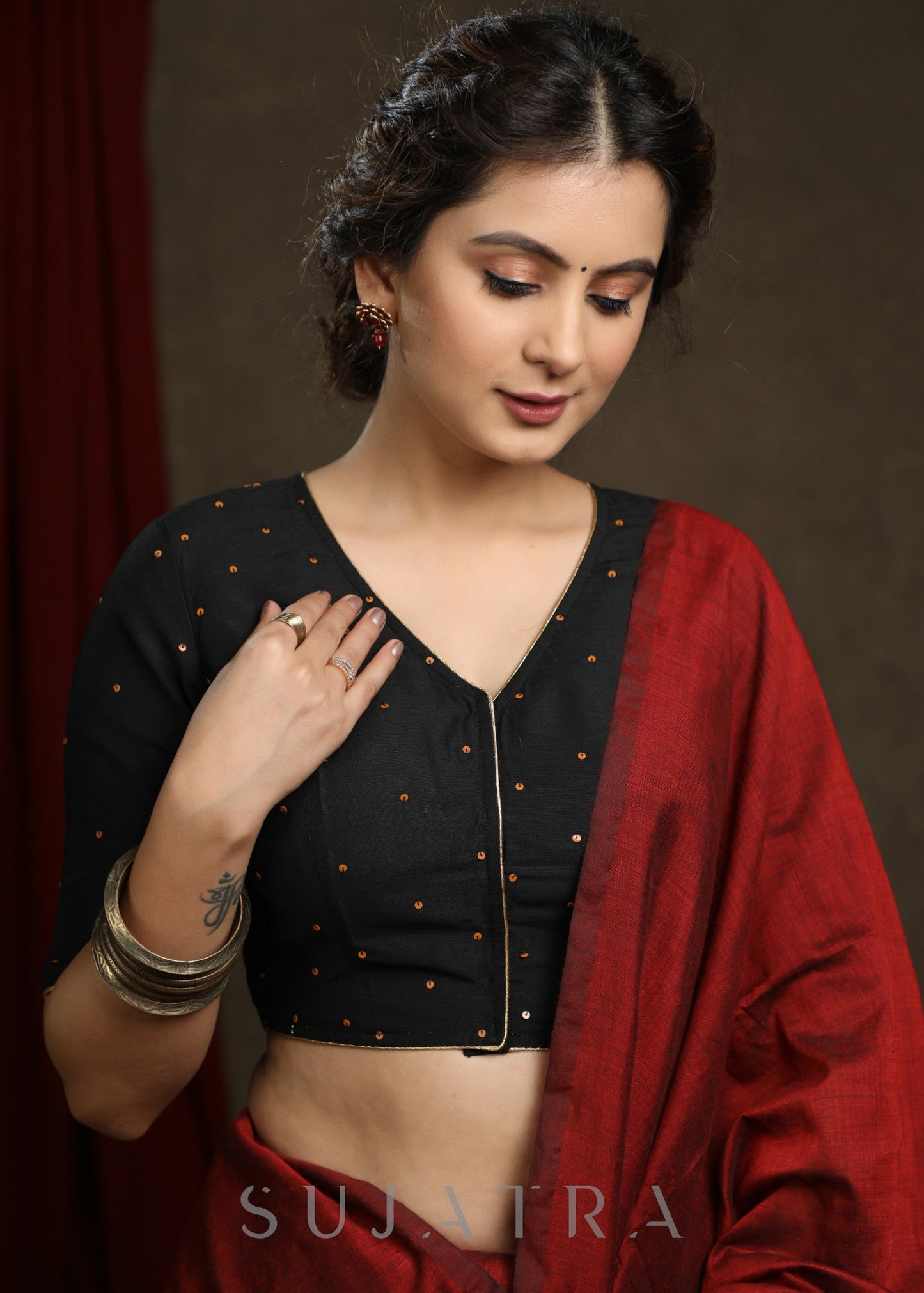 Hand Embroidered Black Cotton Silk blouse