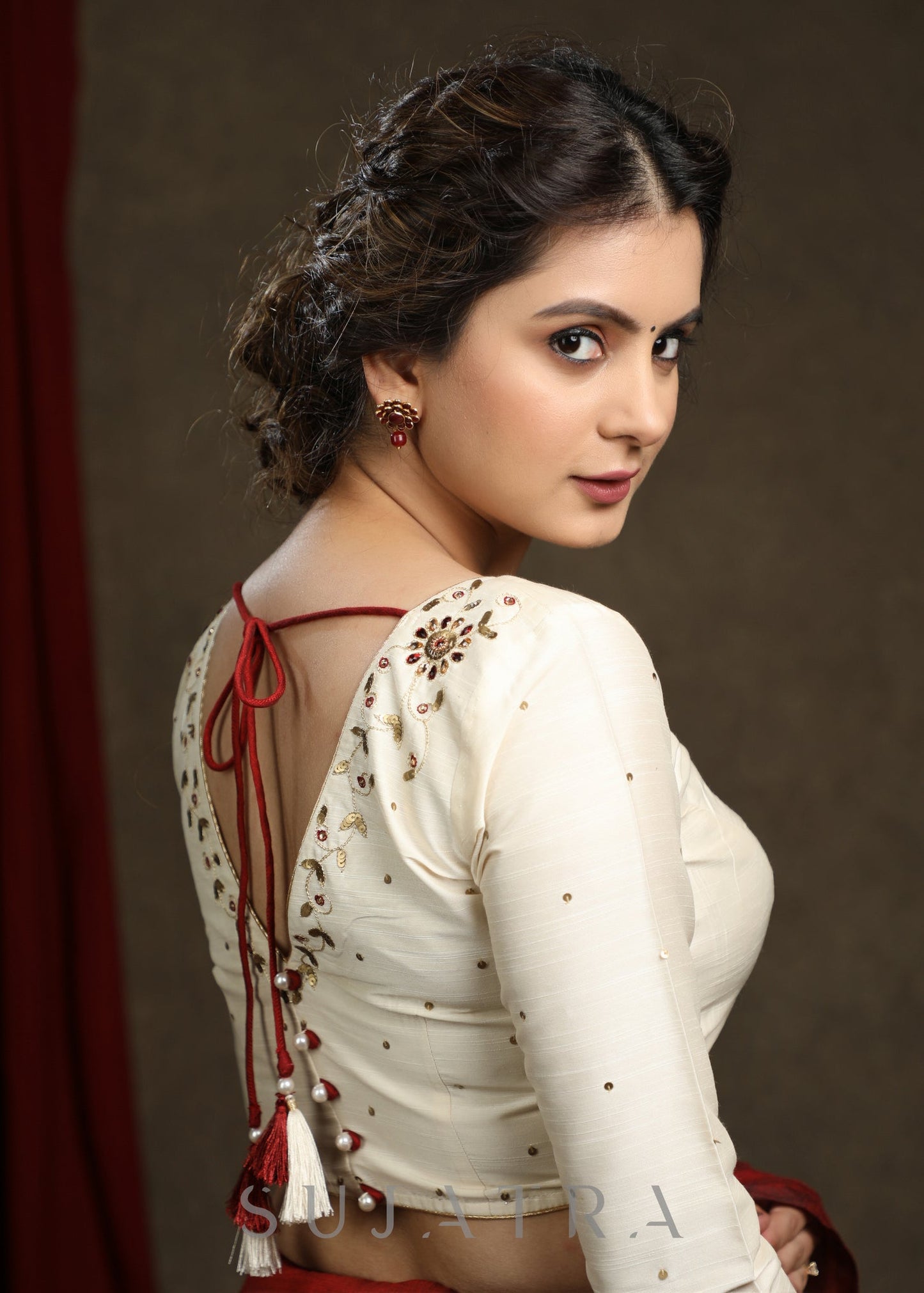 Hand Embroidered Off White Cotton Silk blouse