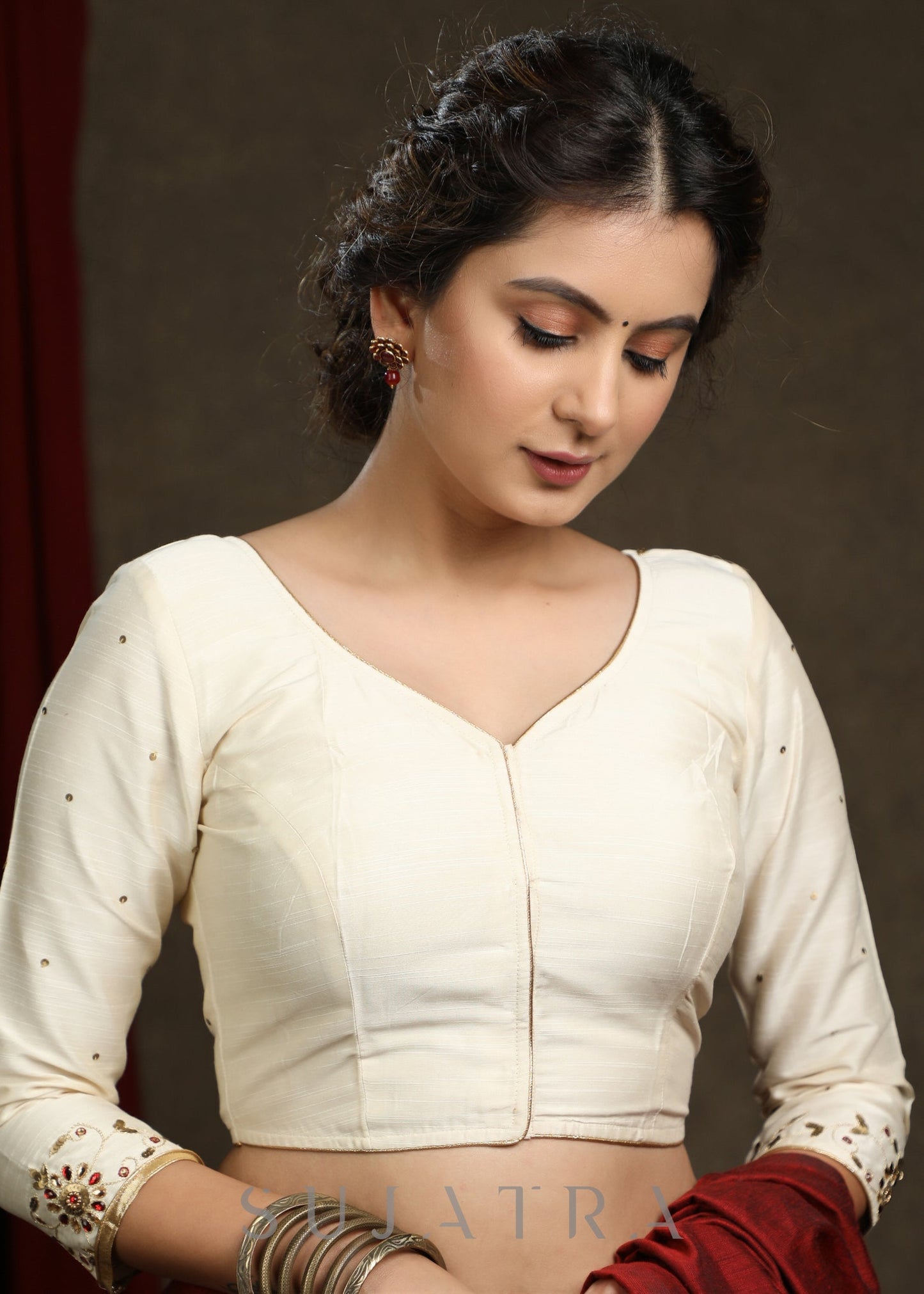 Hand Embroidered Off White Cotton Silk blouse