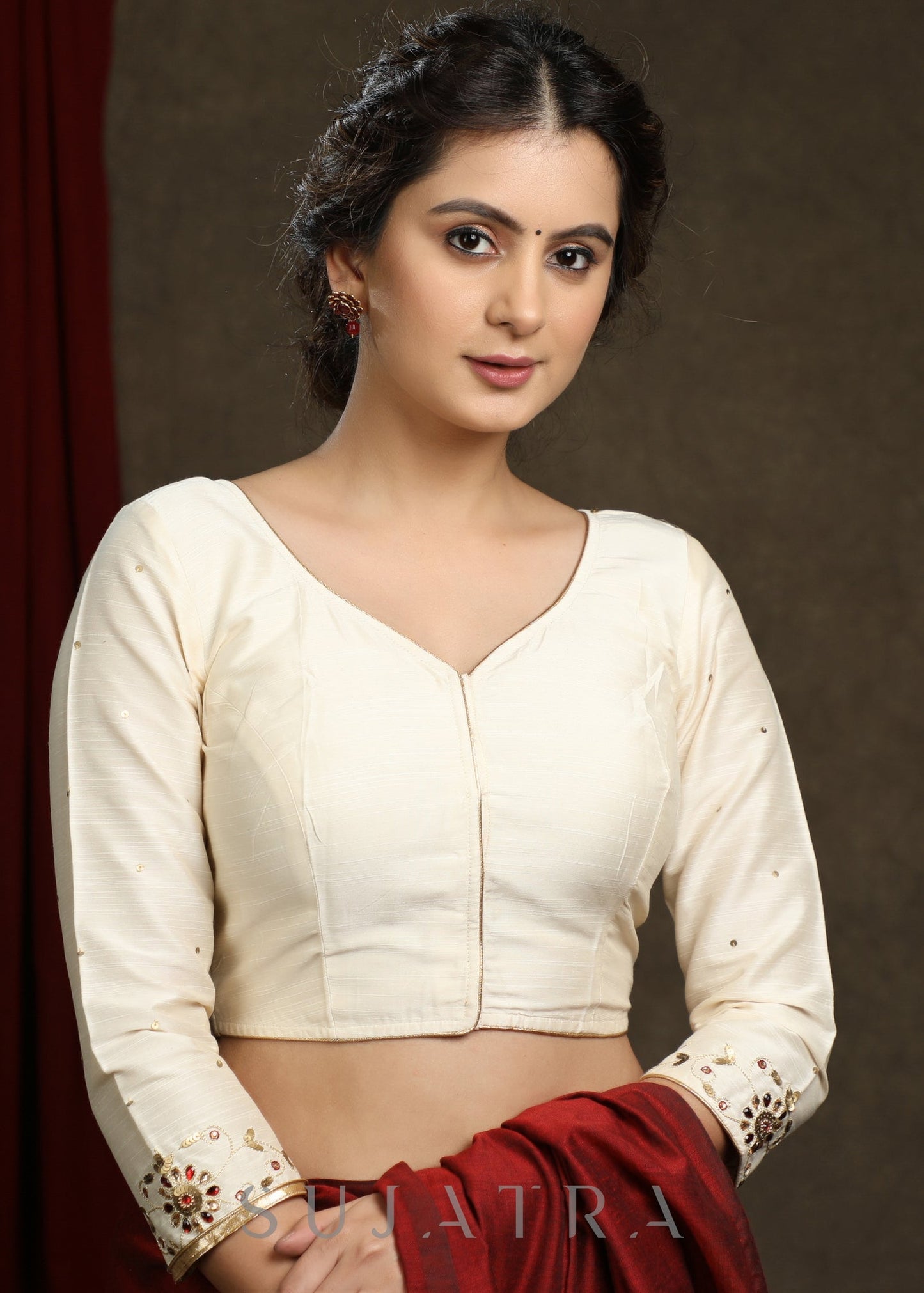 Hand Embroidered Off White Cotton Silk blouse