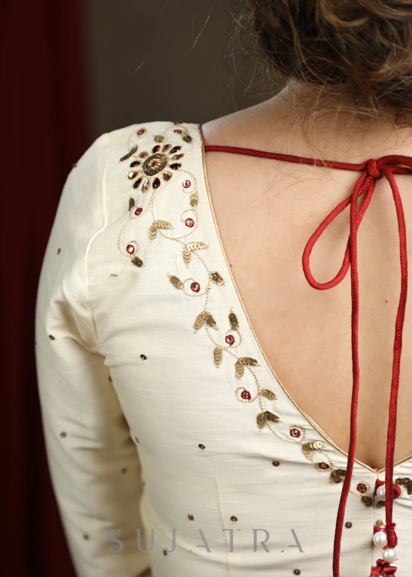 Hand Embroidered Off White Cotton Silk blouse