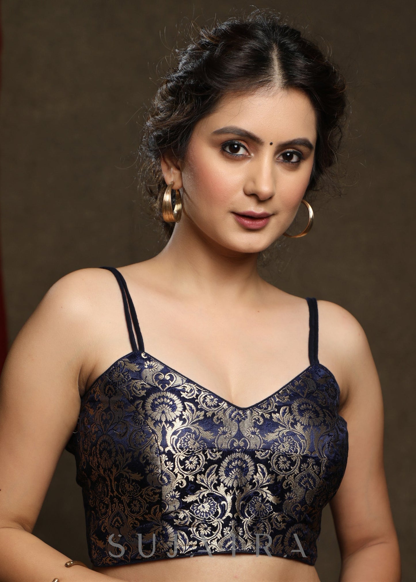 Trendy Navy Blue Brocade Blouse with strap
