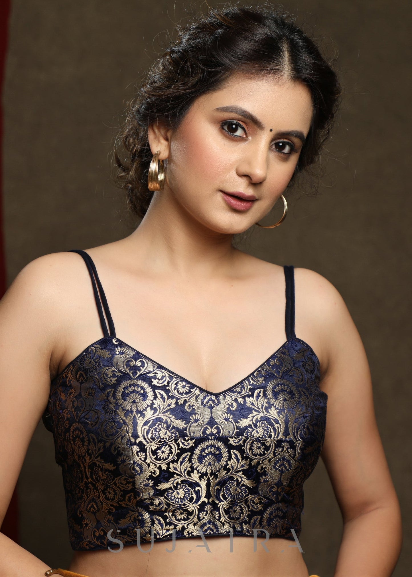 Trendy Navy Blue Brocade Blouse with strap