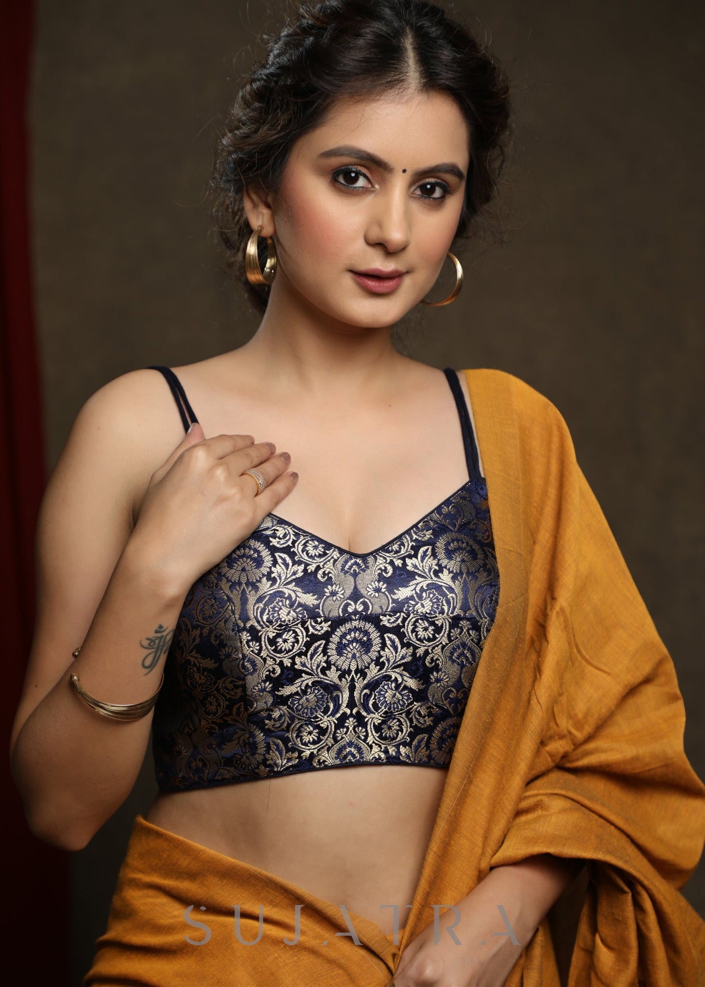 Trendy Navy Blue Brocade Blouse with strap