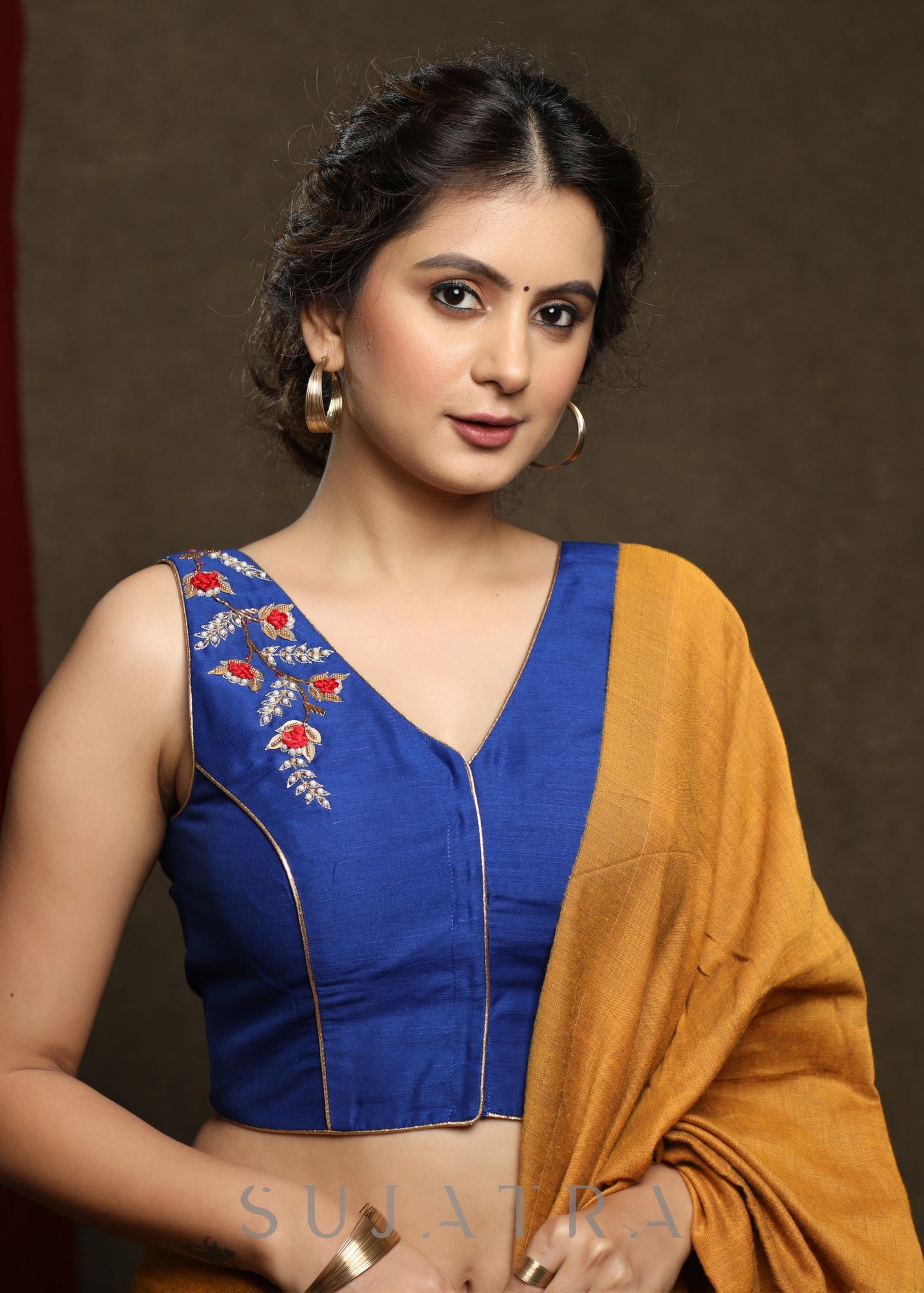 Classsy Blue Hand Embroidered Sleeveless Cotton Silk Blouse