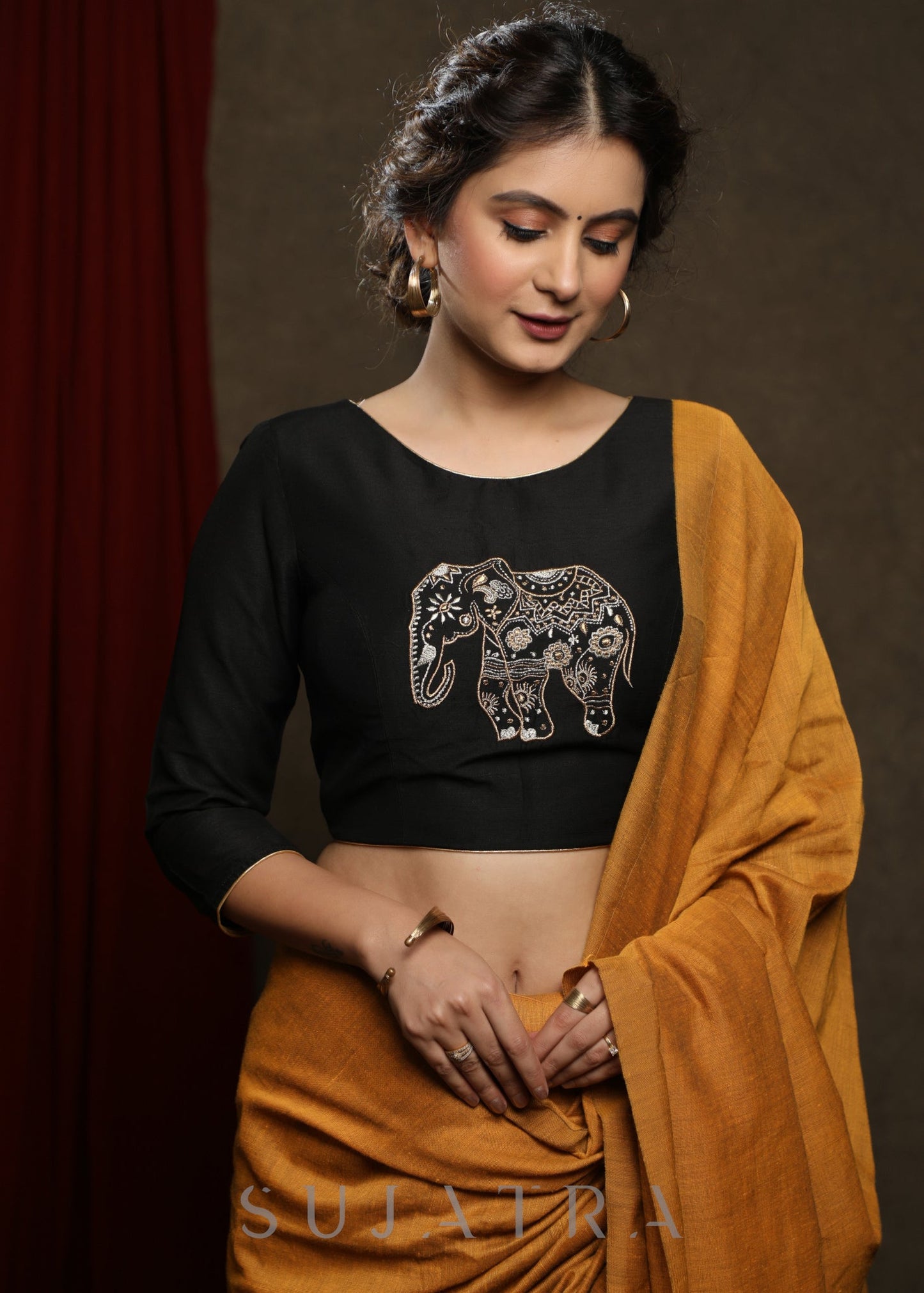 Black Thread Embroiderd Cotton Silk Blouse