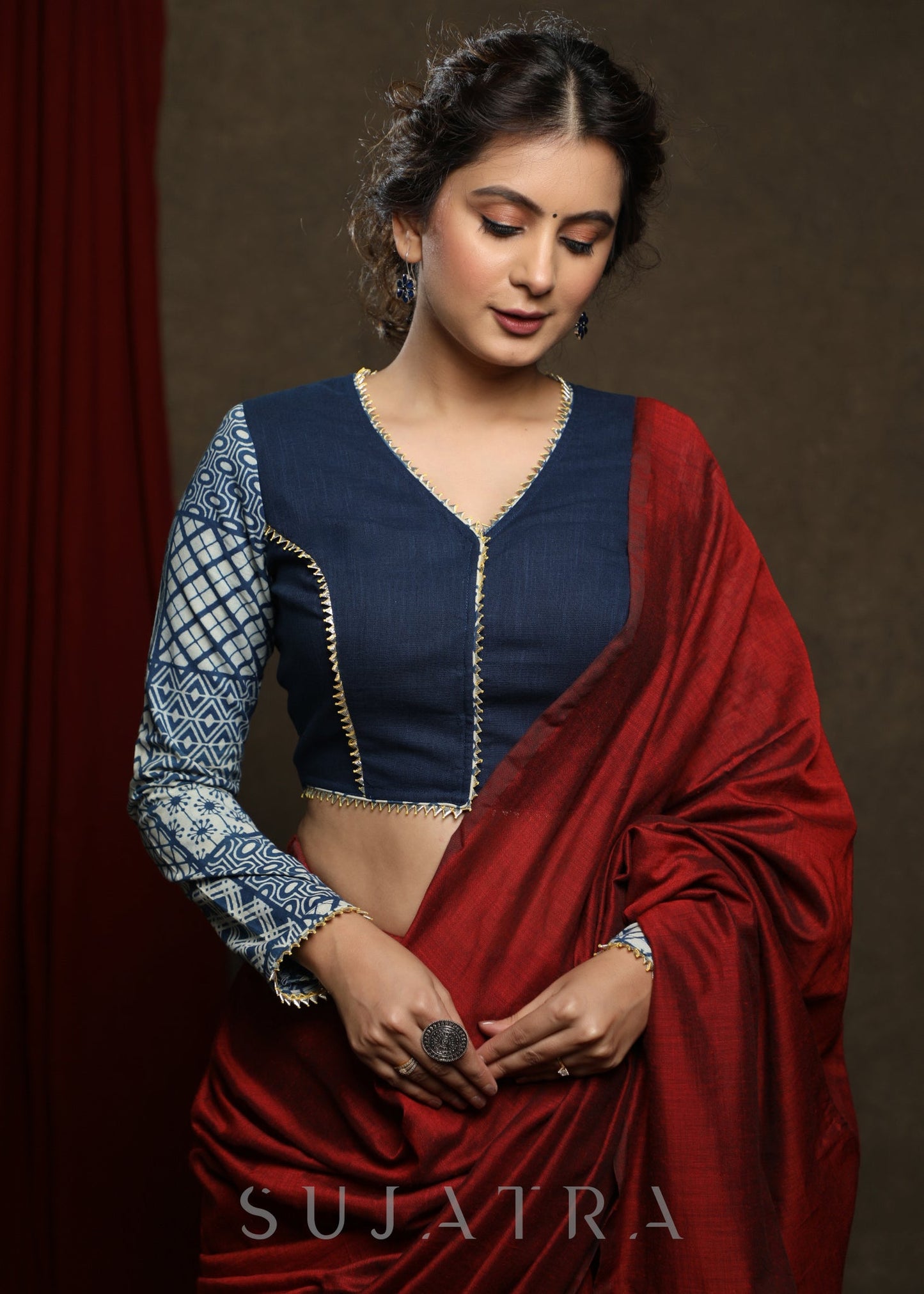 Smart Cotton Indigo Combination Full Sleeve Blouse