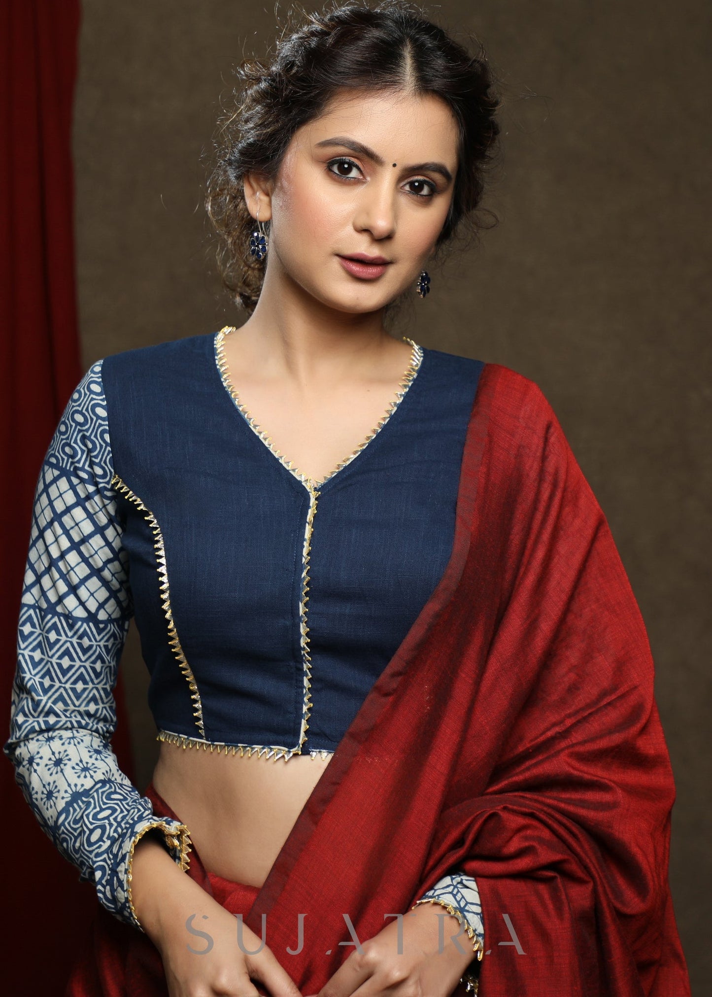 Smart Cotton Indigo Combination Full Sleeve Blouse