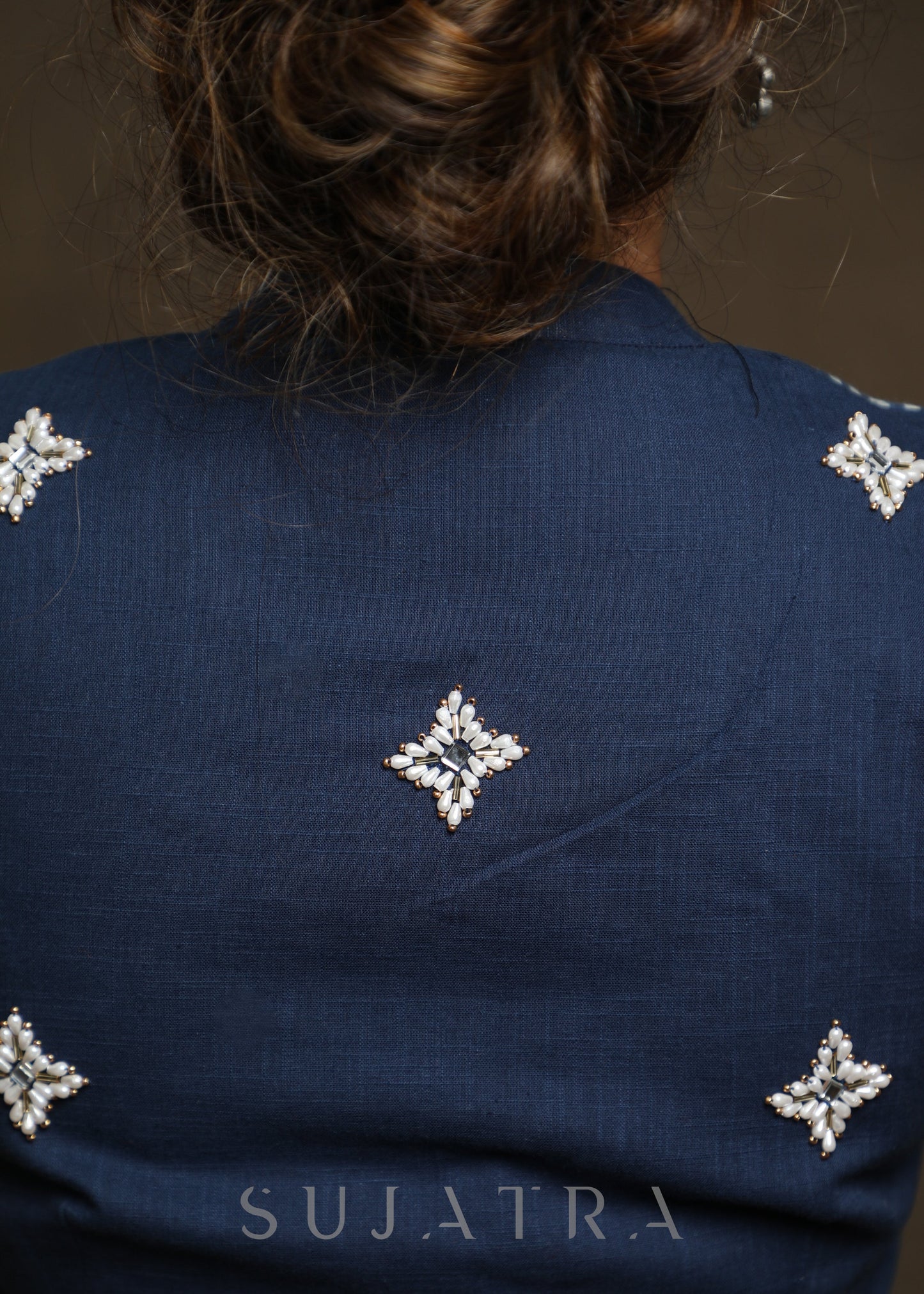 Pearl Hand Embroidered Cotton Indigo Blouse