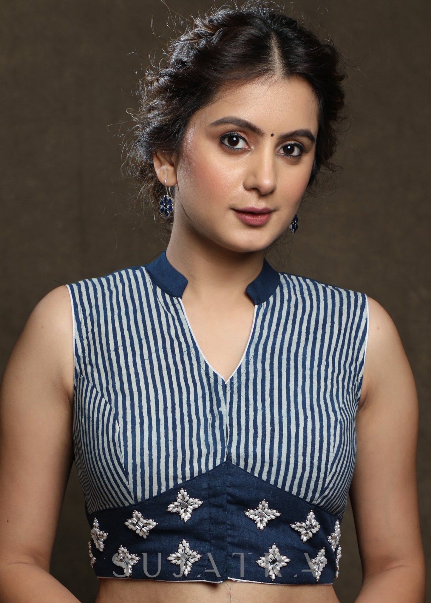 Pearl Hand Embroidered Cotton Indigo Blouse