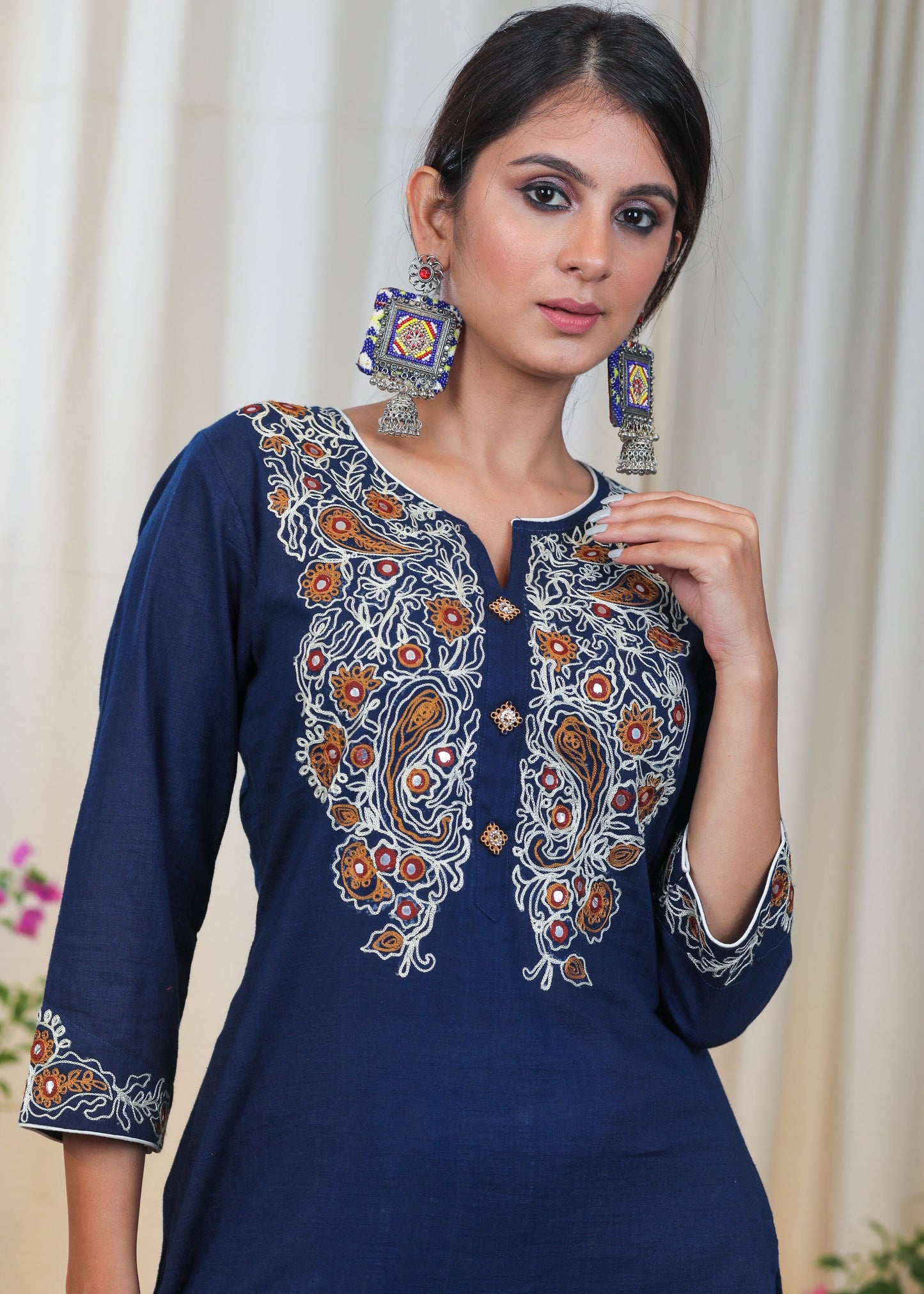 Navy Blue Cotton Tunic with Beautiful Embroidery upto Waist and on Sleeves