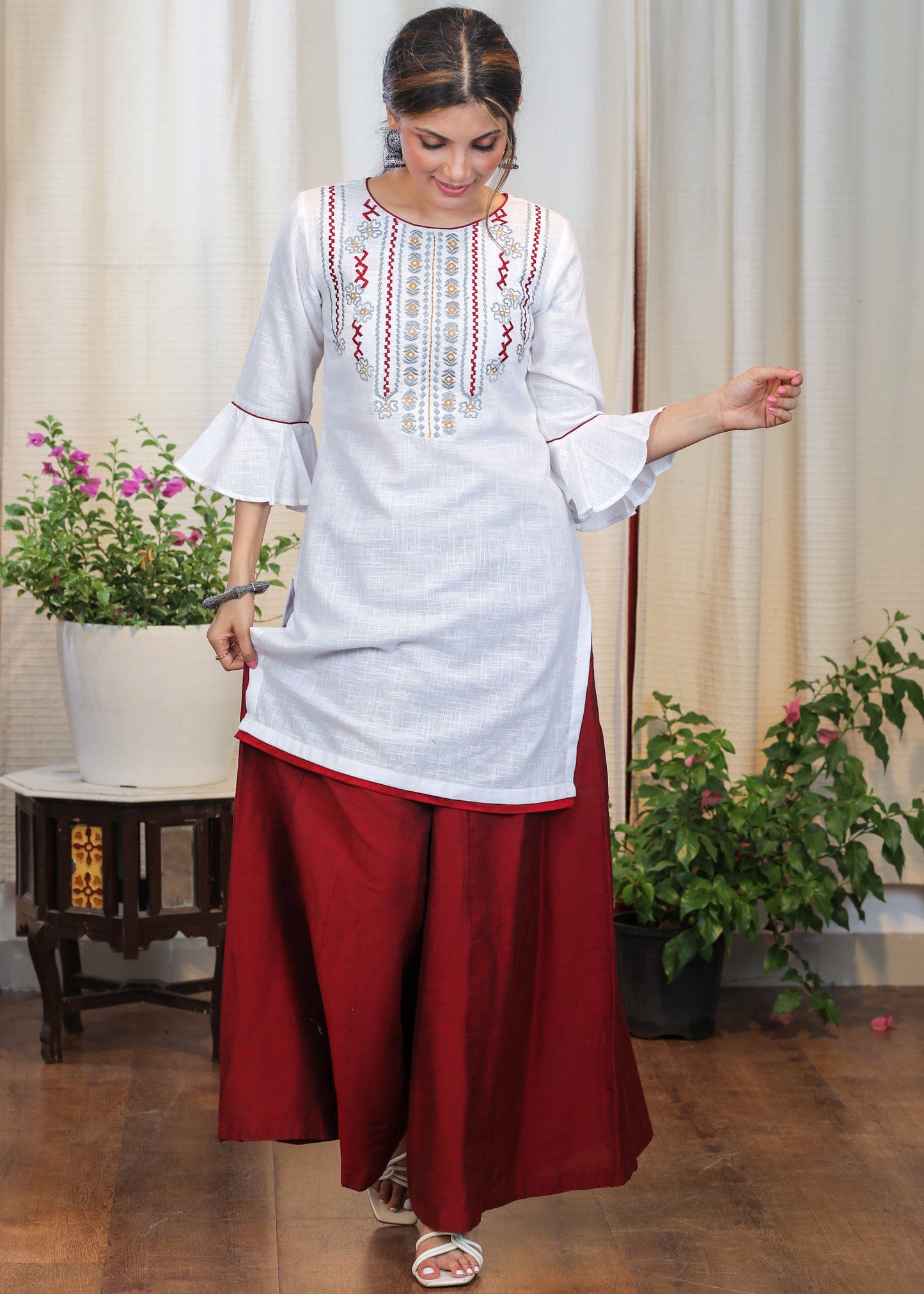Off white Cotton Handloom Tunic With Elegant Embroidery in Contrast