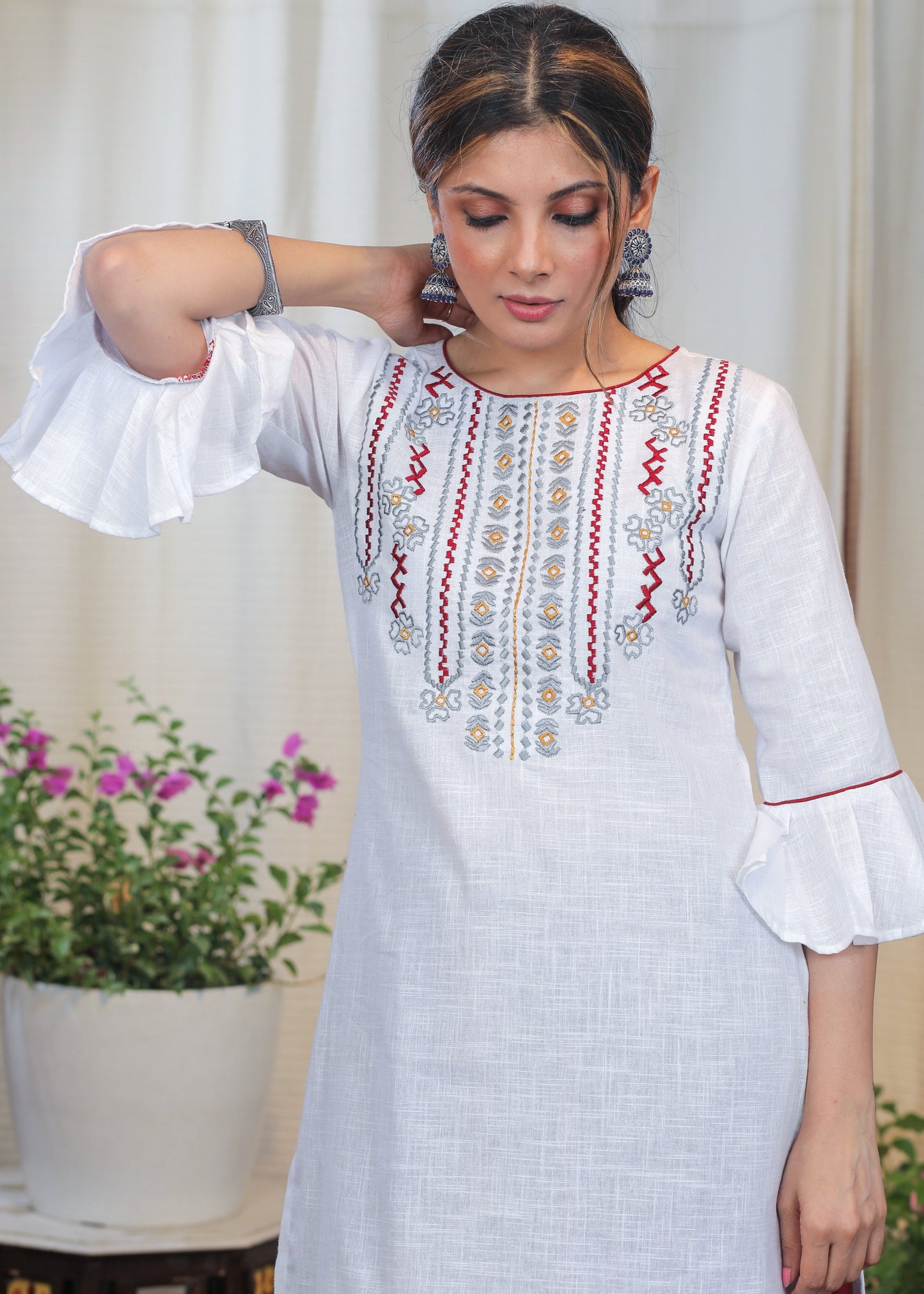 Off white Cotton Handloom Tunic With Elegant Embroidery in Contrast