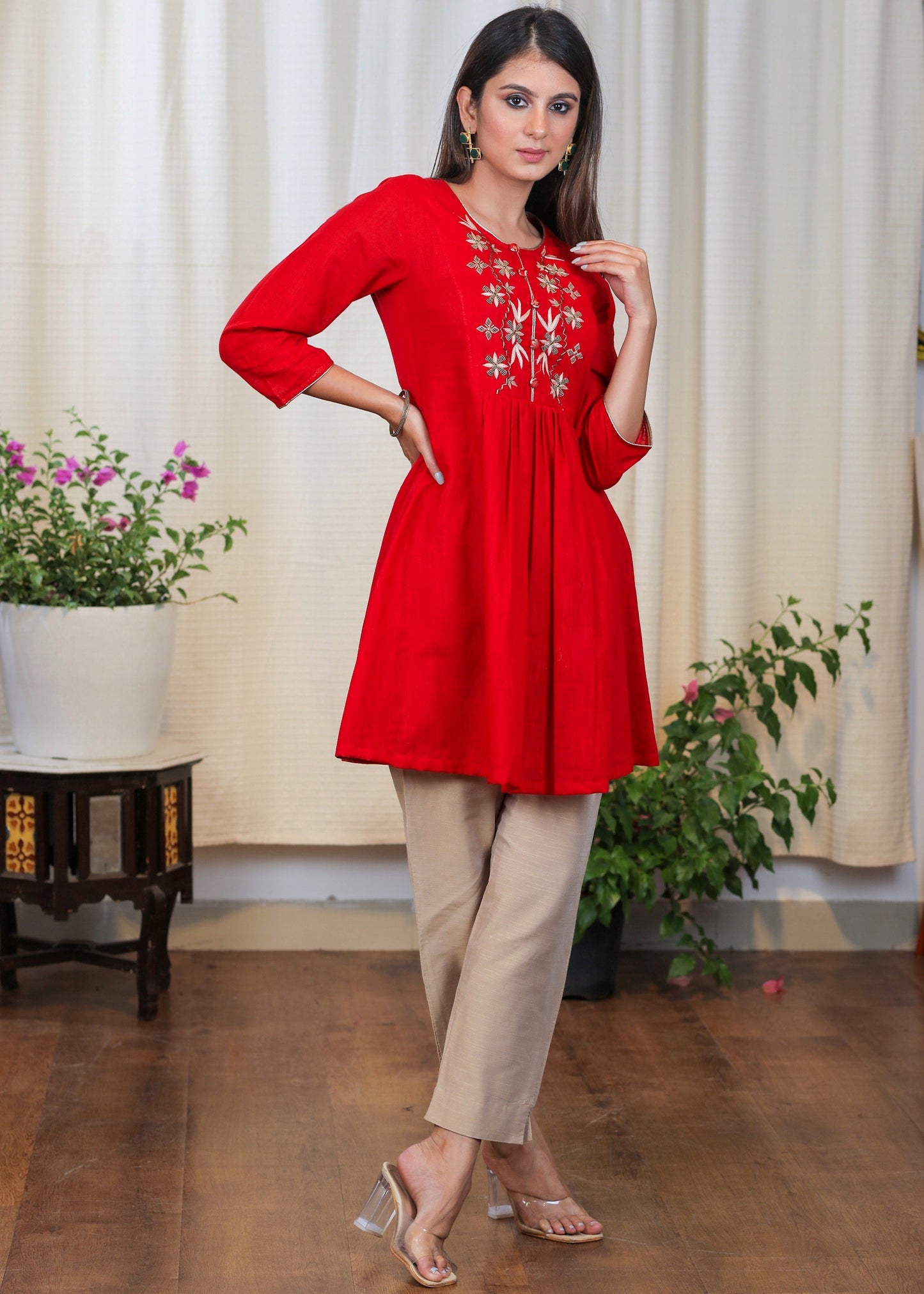 Beautiful Red Cotton Tunic with Contrast Embroidery