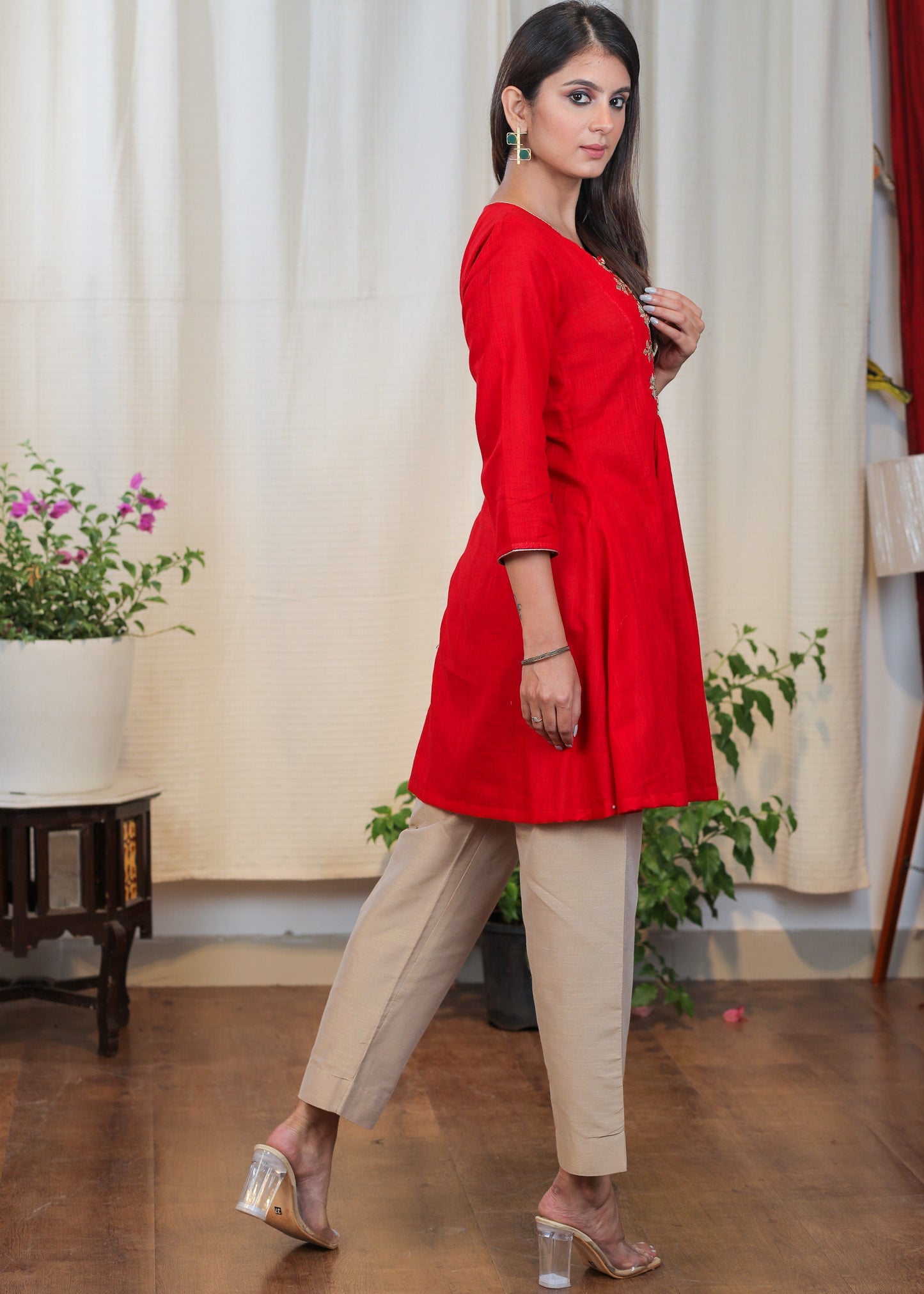 Beautiful Red Cotton Tunic with Contrast Embroidery