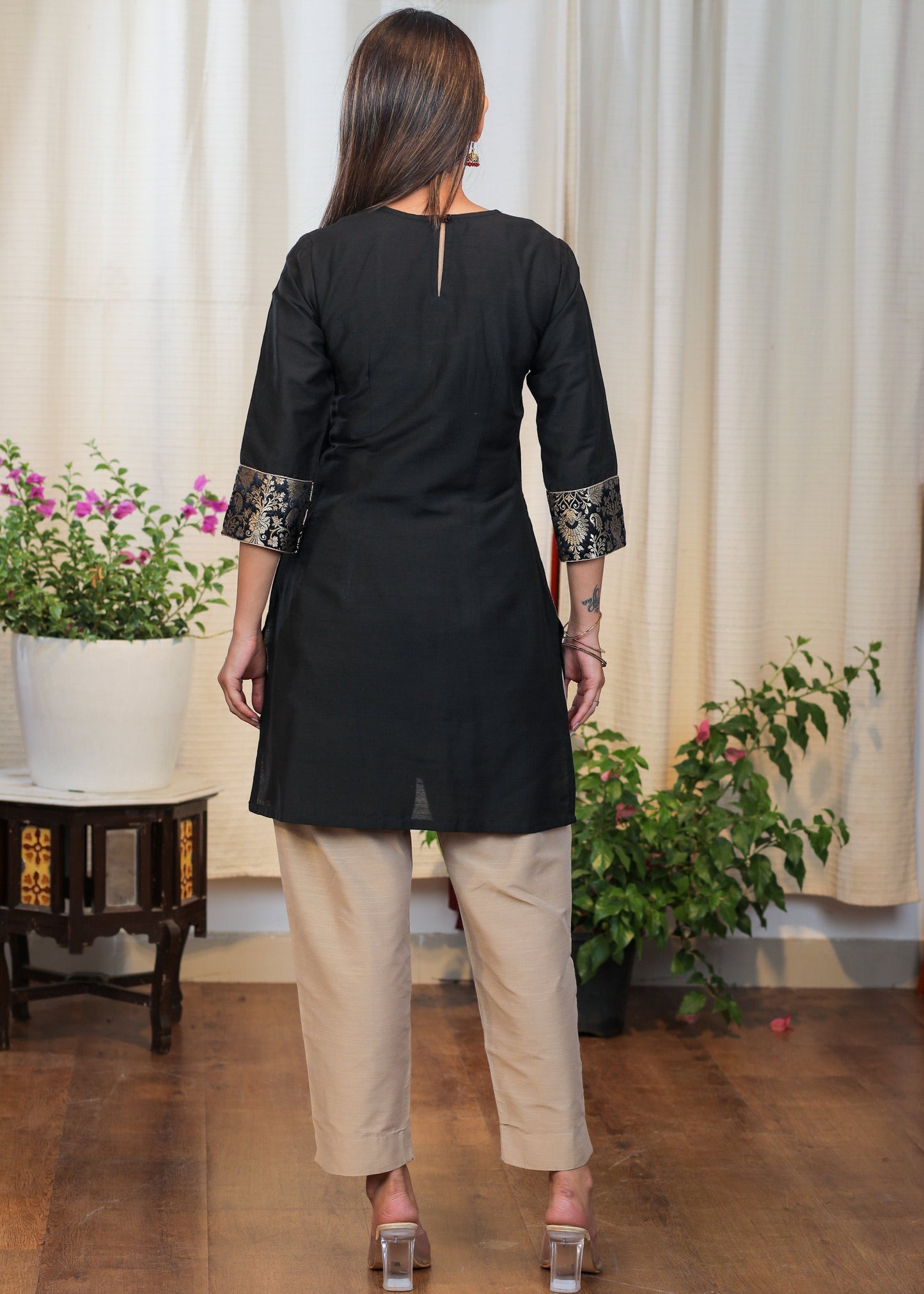 Classy Black Cotton Tunic with Pure Banarasi Details