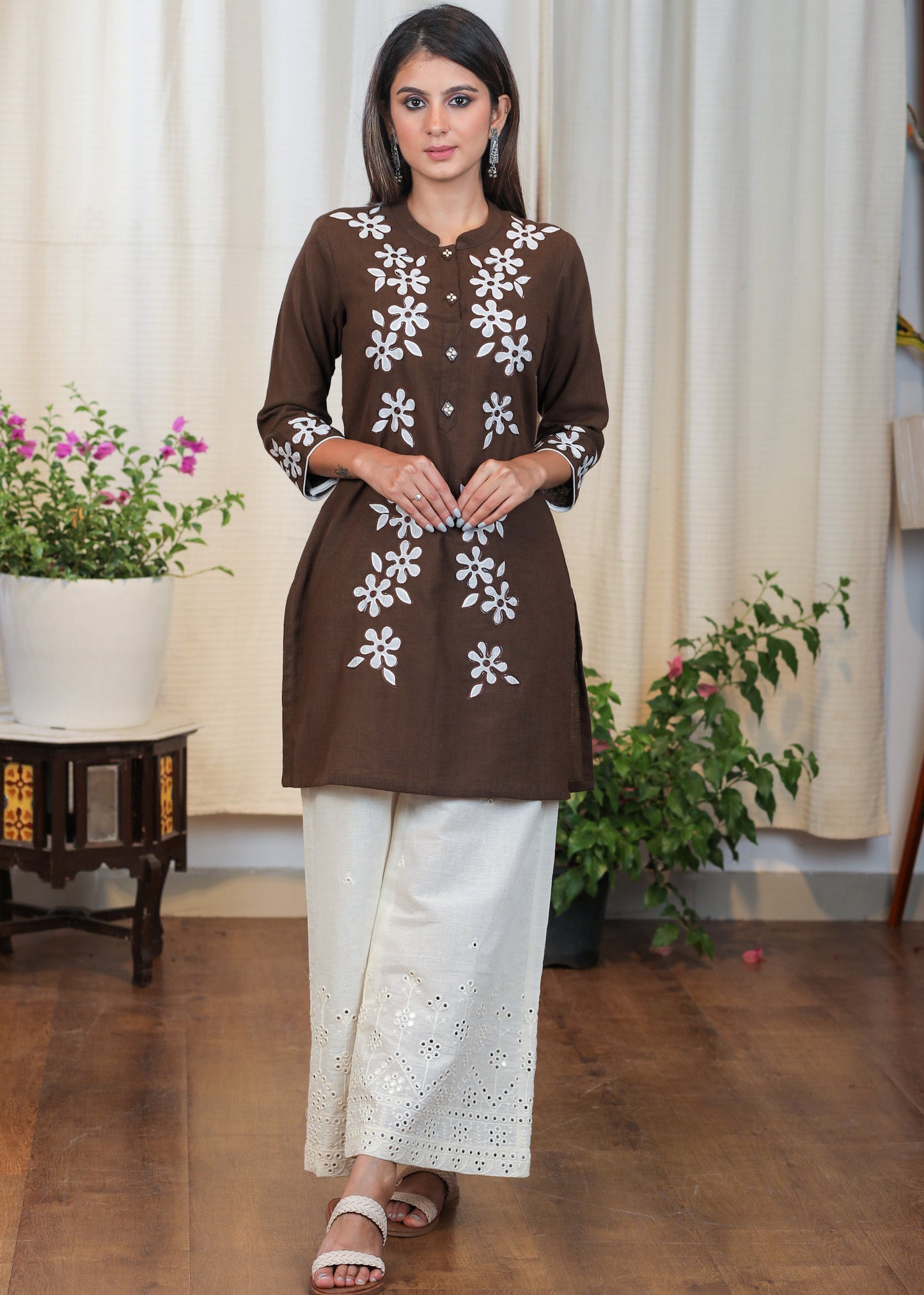 Graceful Coffee Brown Cotton Tunic with Beautiful full length Aaplic work