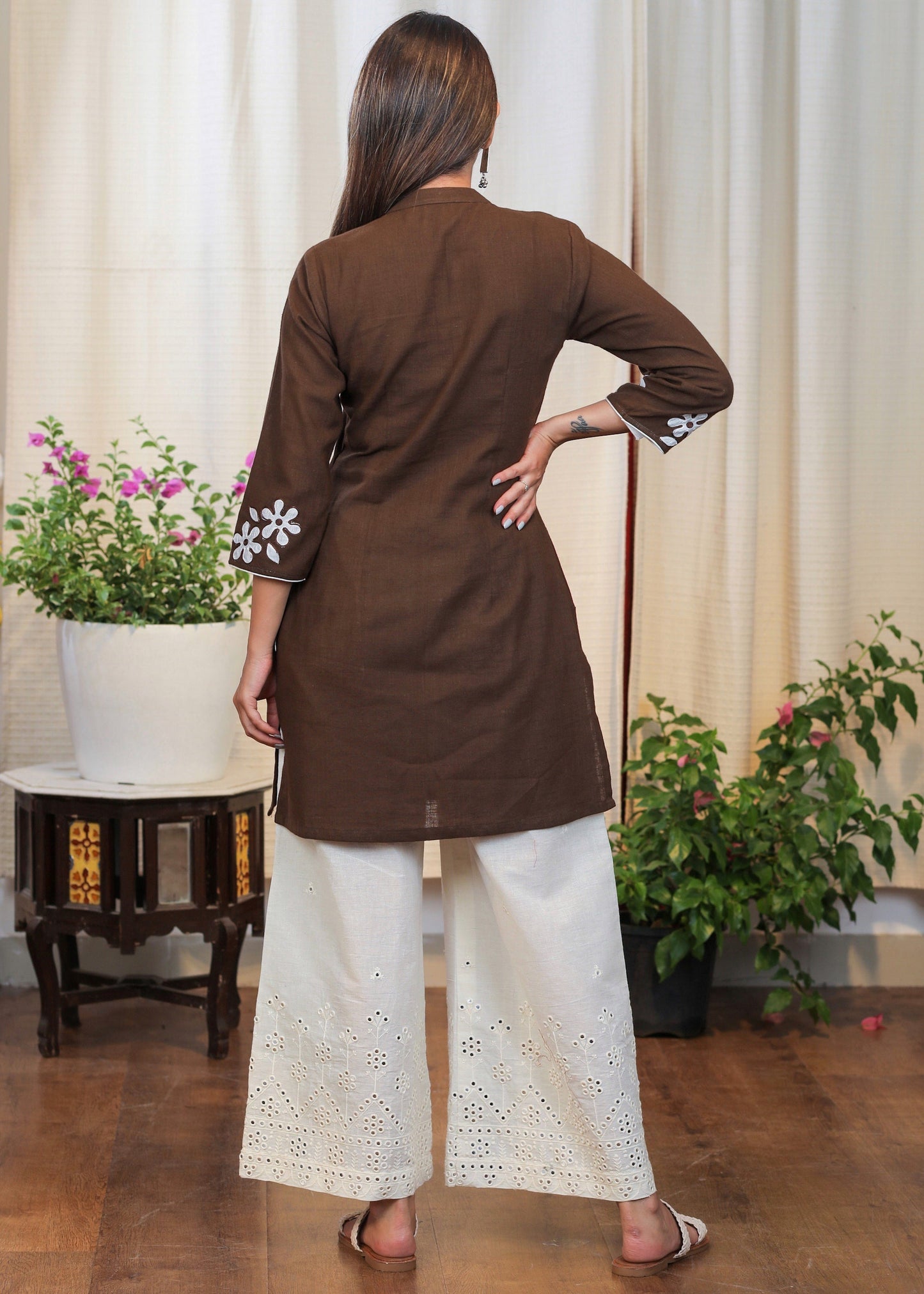 Graceful Coffee Brown Cotton Tunic with Beautiful full length Aaplic work