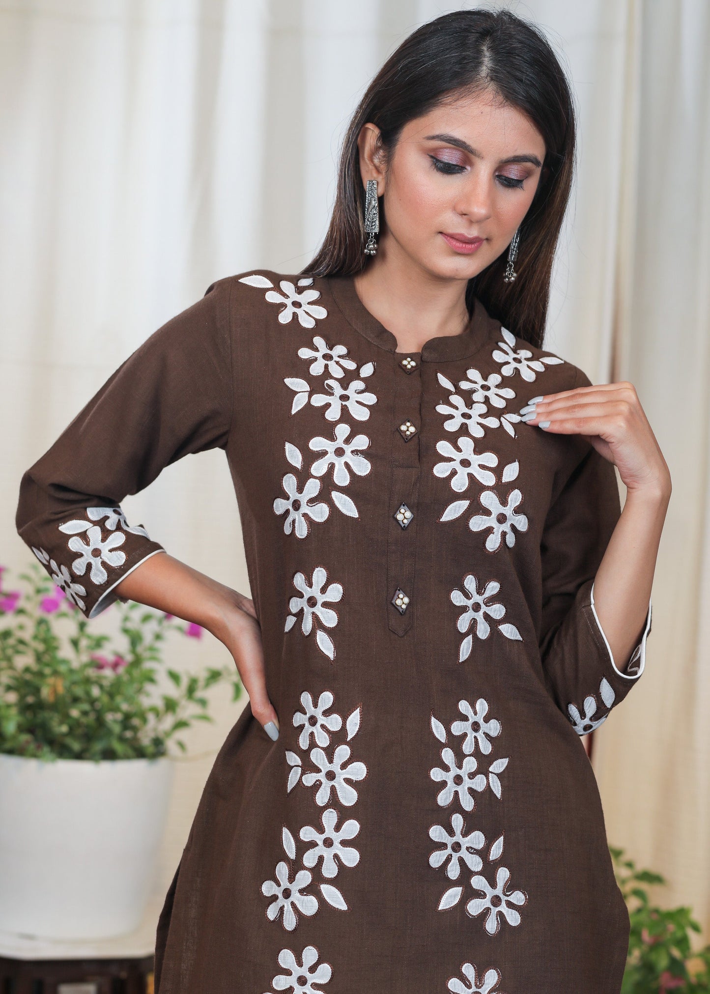 Graceful Coffee Brown Cotton Tunic with Beautiful full length Aaplic work