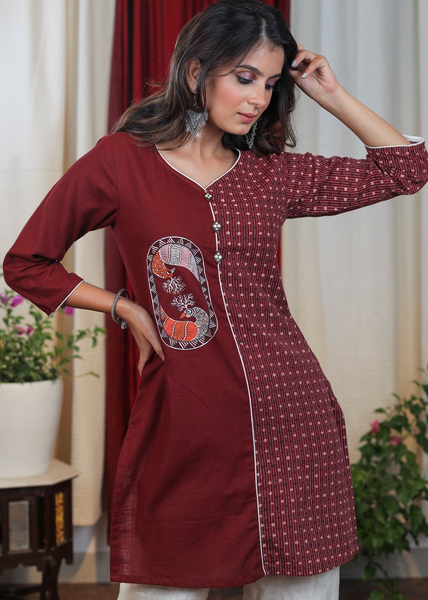 Beautiful Maroon Cotton Handloom Tunic with Rare Hand Painted Gond Art & wooden Buttons