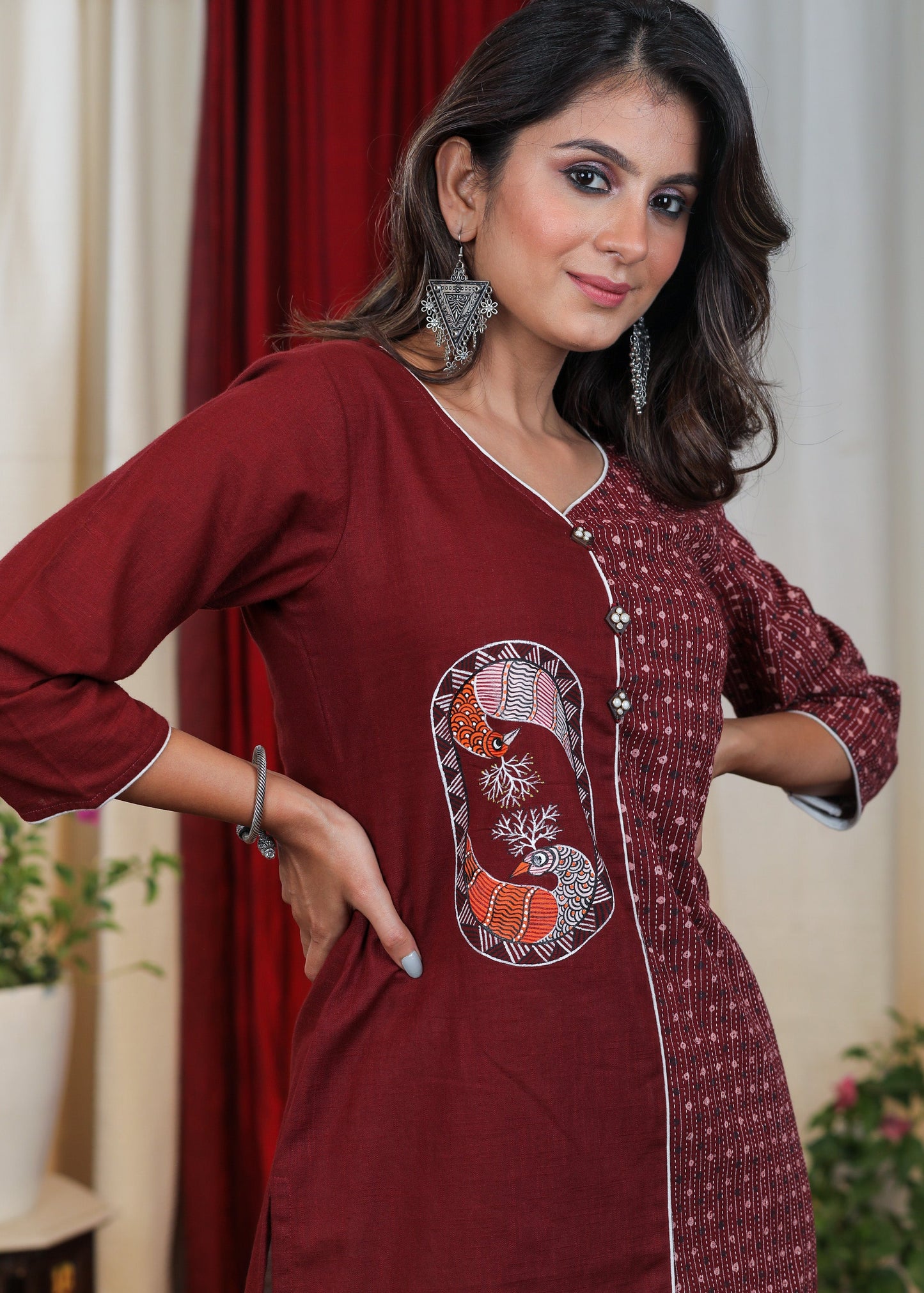 Beautiful Maroon Cotton Handloom Tunic with Rare Hand Painted Gond Art & wooden Buttons