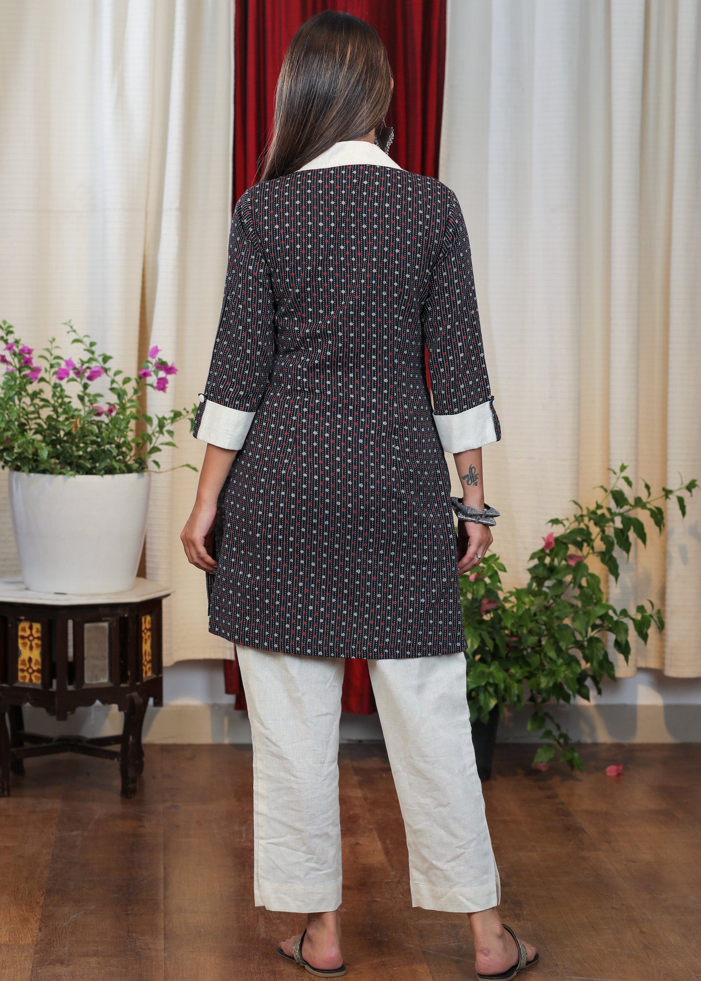 Beautiful Cotton Kantha Stitch Print Tunic with Contrast Details
