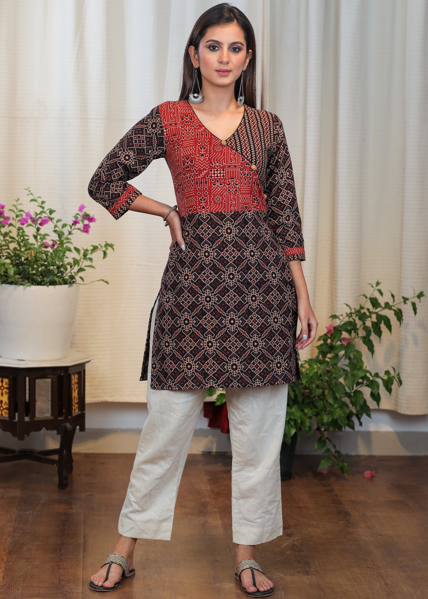 Stylish Cotton Ajrakh Overlapping Tunic with Buttons to Highlight