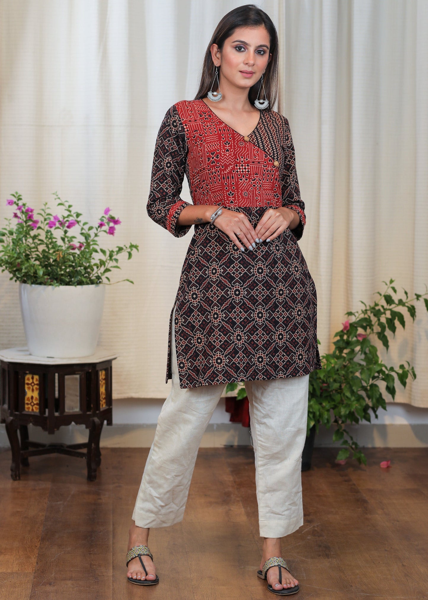 Stylish Cotton Ajrakh Overlapping Tunic with Buttons to Highlight