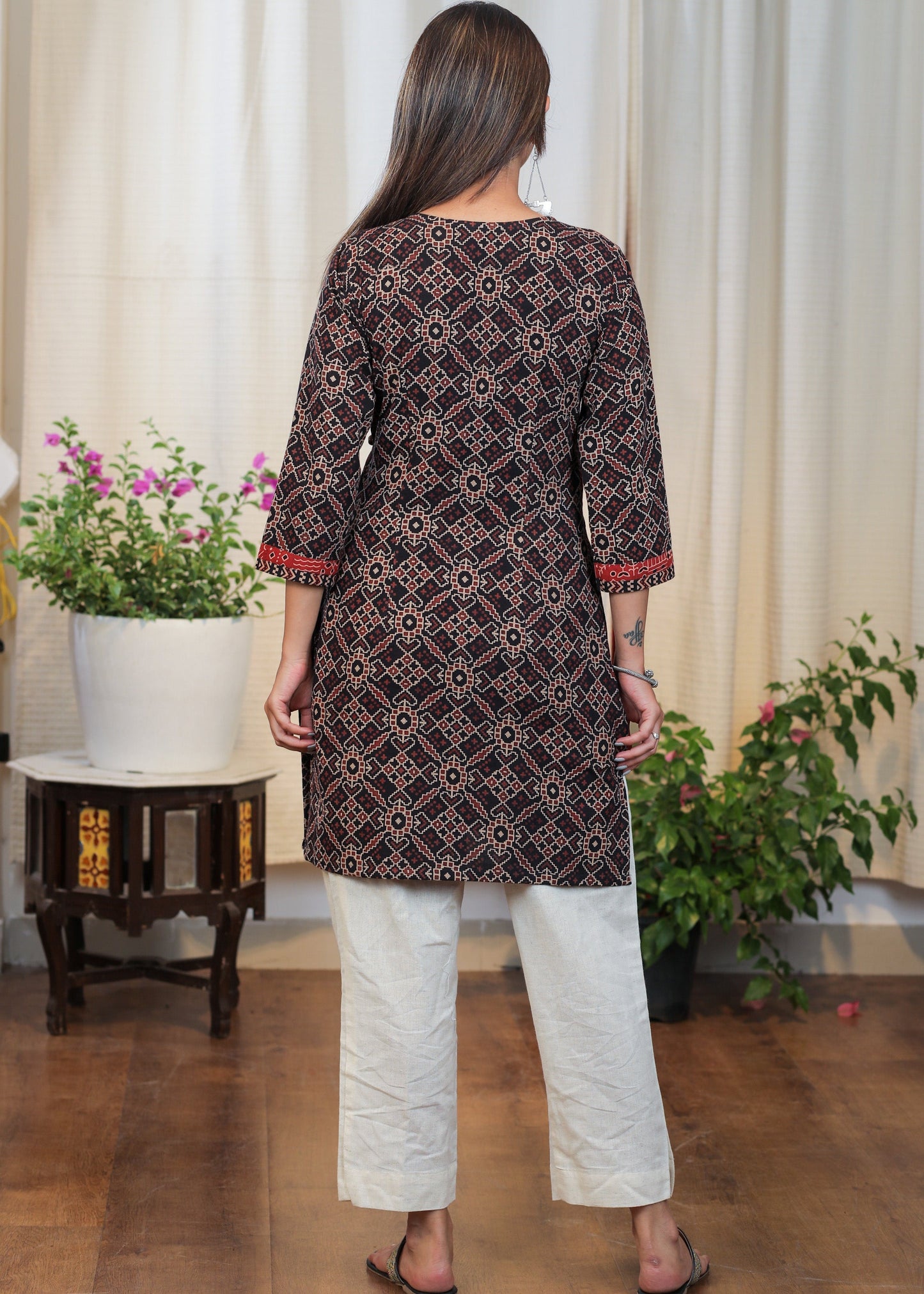 Stylish Cotton Ajrakh Overlapping Tunic with Buttons to Highlight
